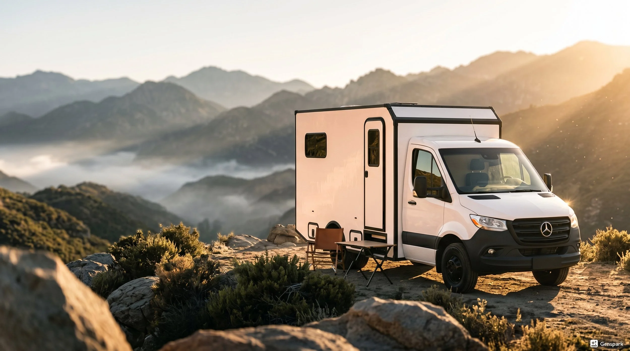 A white camper van parked on rocky terrain with mountain scenery and a sunset in the background, with outdoor chairs and a table nearby.