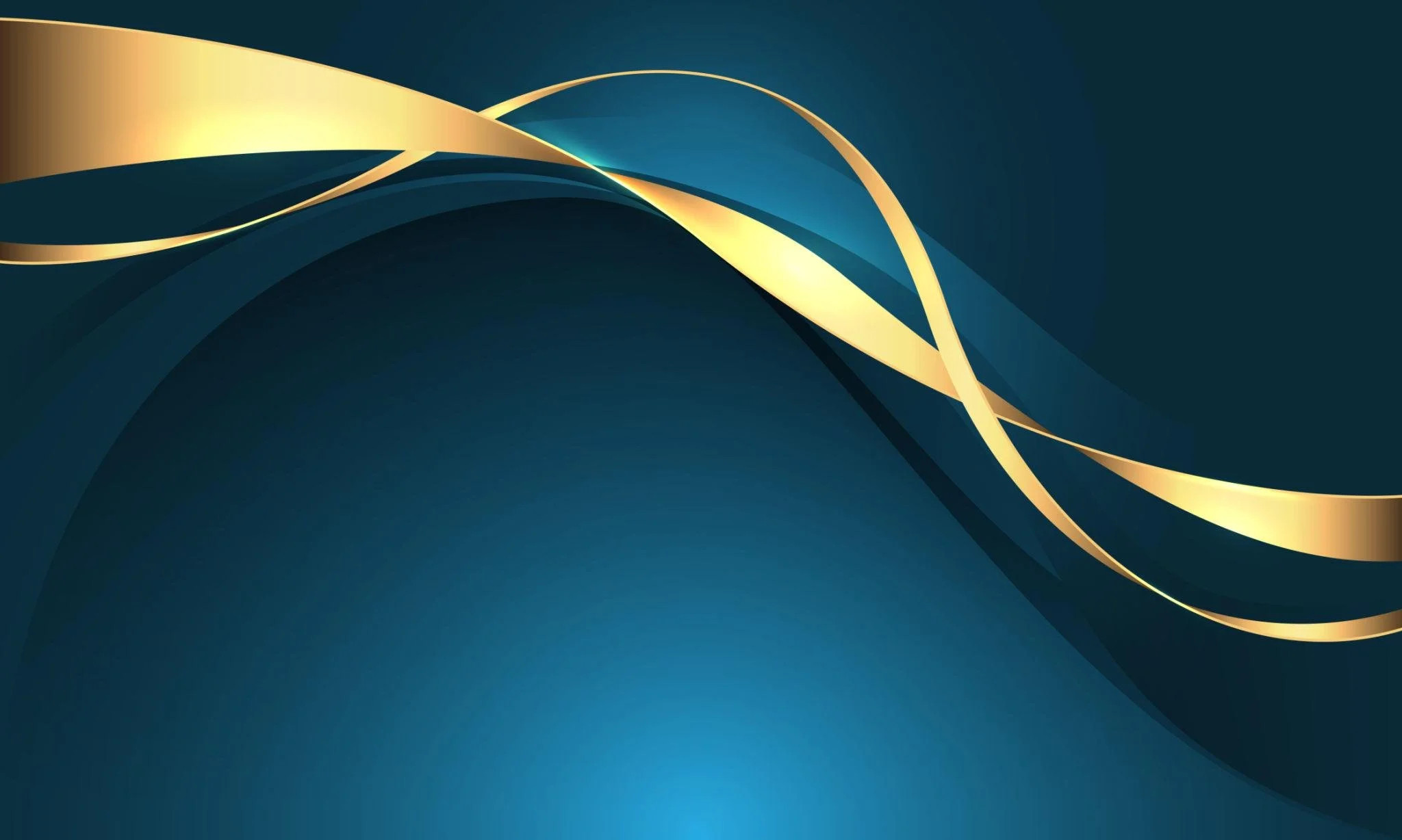 Digital abstract background with flowing gold and blue curved lines.