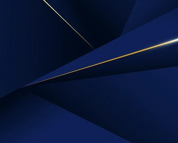 Abstract dark blue geometric background with gold lines.