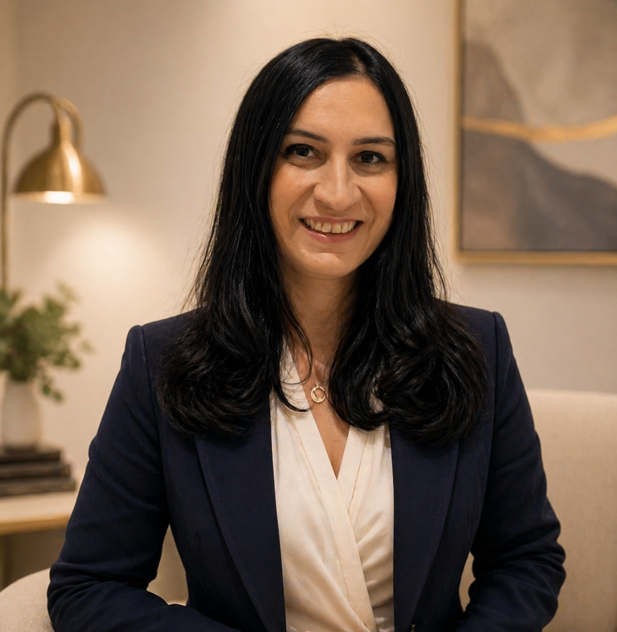A woman with long black hair wearing a navy blazer and cream blouse, sitting in a cozy, well-lit room with a table lamp, a plant, and abstract artwork in the background.