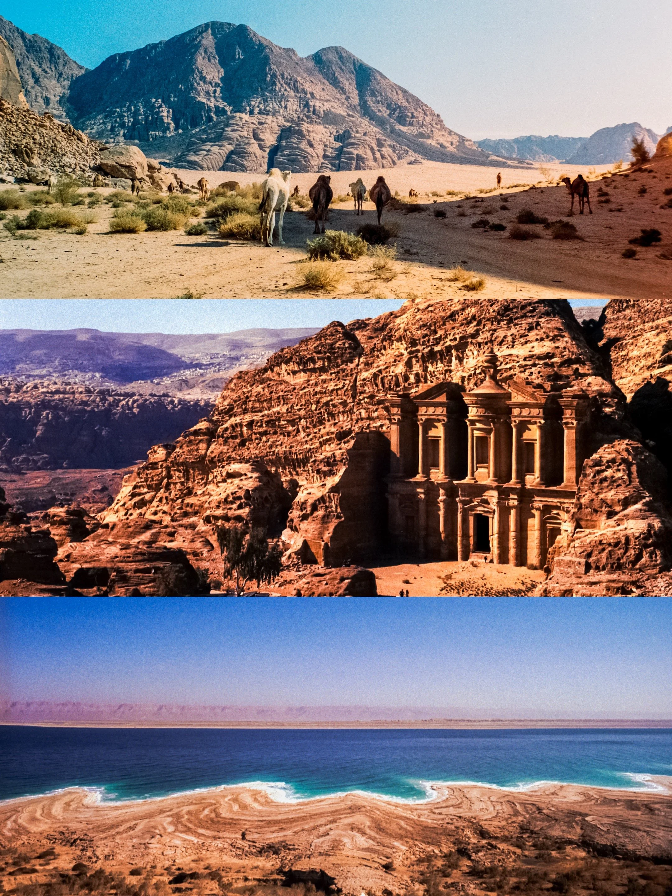 A collage of four desert landscapes, each with different geographical features such as mountains, cliffs, a historic structure, and a coastline with water.