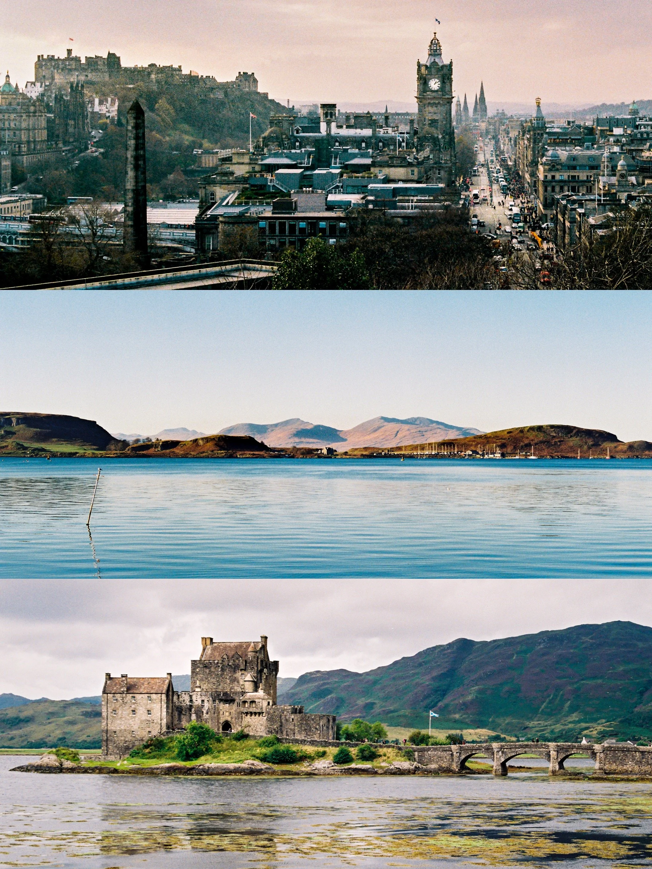 Multiple panoramic views of Scotland, including Edinburgh Castle on a hilltop, a city street with buildings and a clock tower, a lake with mountains in the background, and a medieval stone castle near the water surrounded by green landscape.