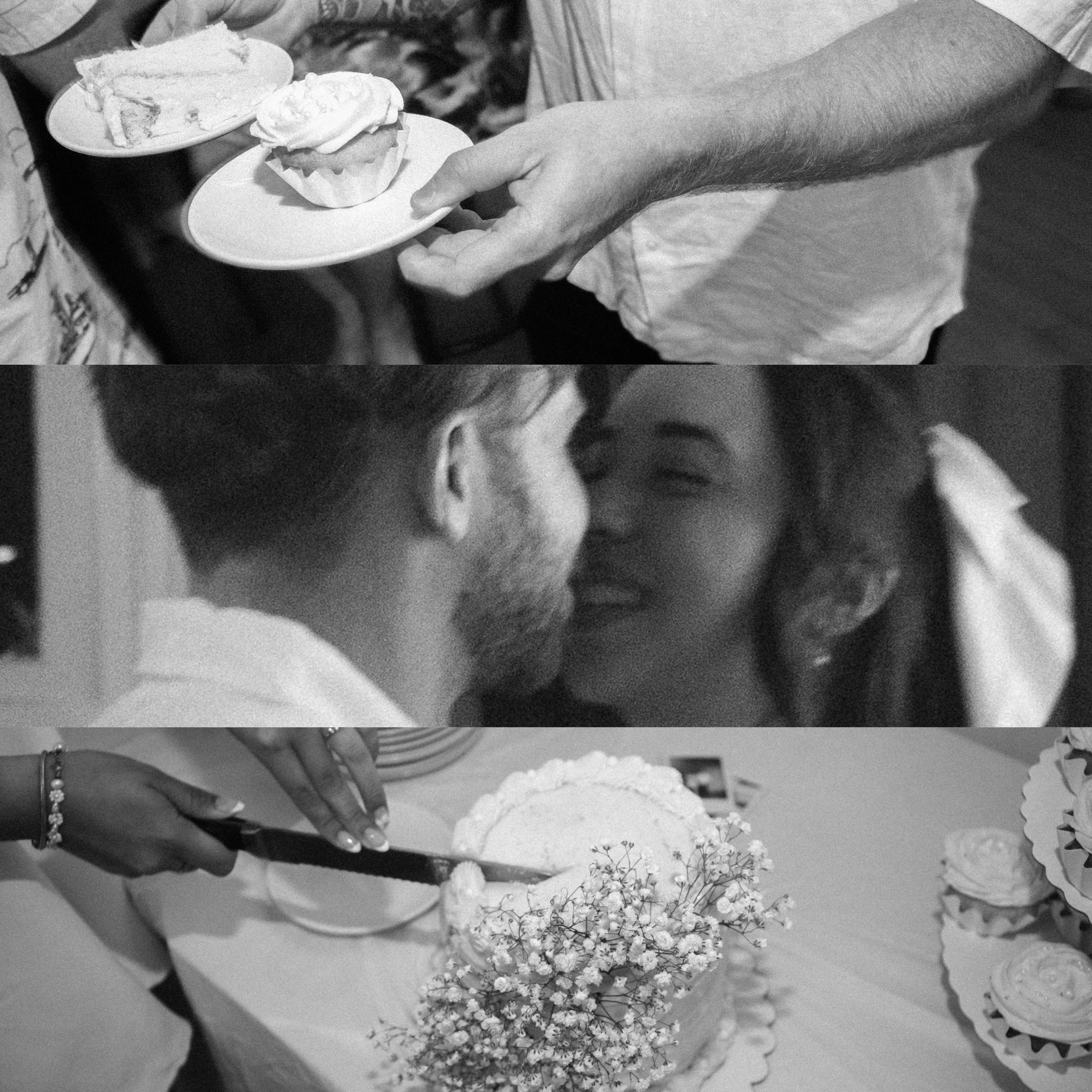 A person holding two plates of dessert, one with a cupcake topped with frosting and a slice of cake, the other with a cup of drink, in a room decorated with flowers and plants.
