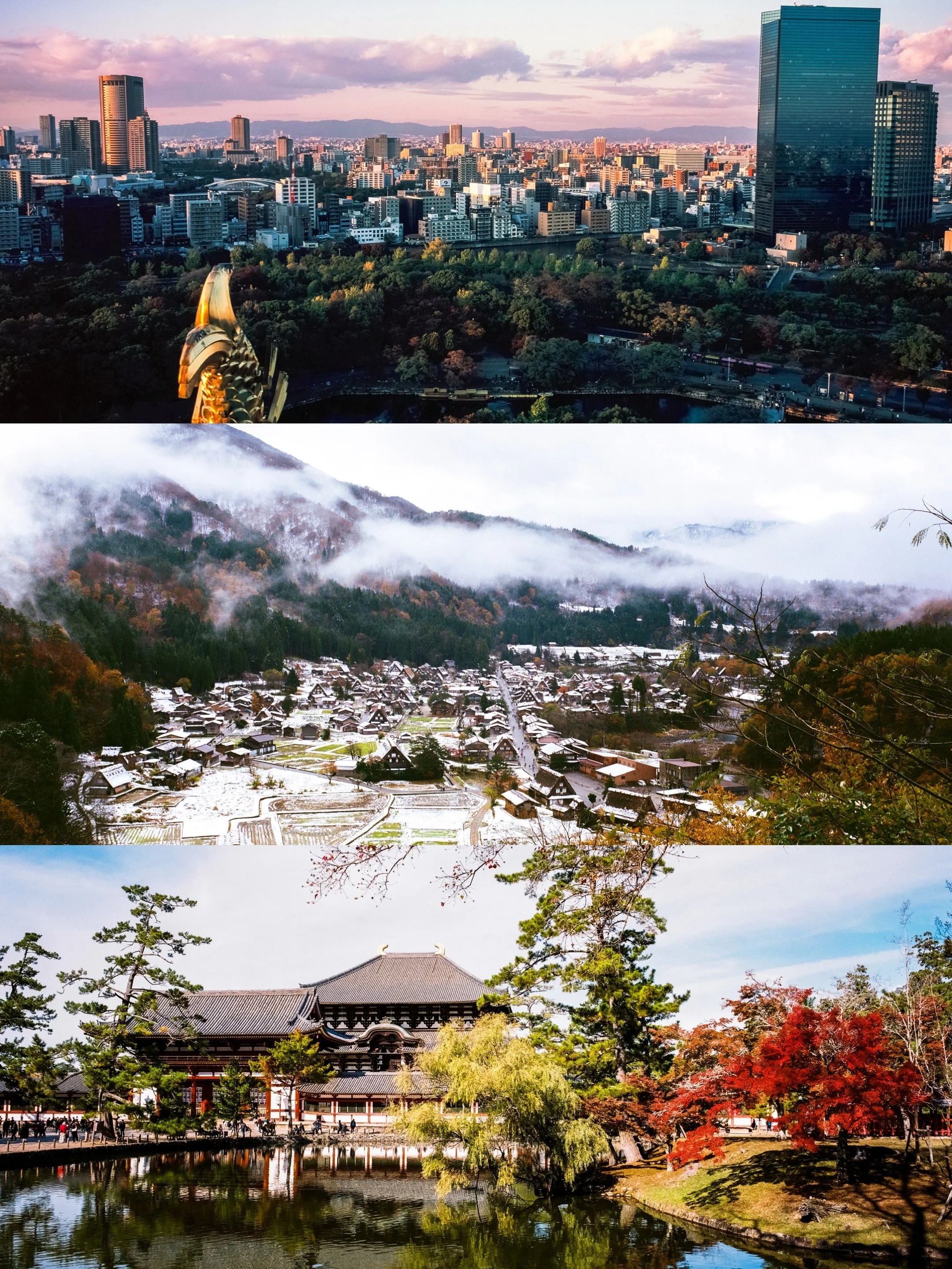 Triptych of images: top shows a city skyline at sunset with tall buildings and a park; middle depicts a misty mountain landscape with a small village at the base; bottom captures a traditional Japanese temple surrounded by autumn trees and a pond reflecting the scenery.