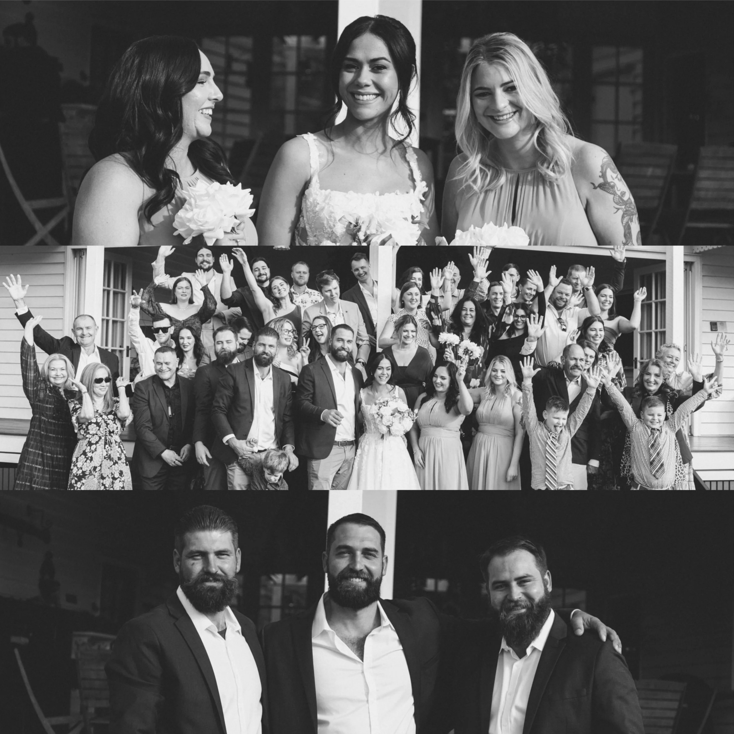 A collage of black-and-white photos featuring smiling groups of people, including women and men, in various social settings, with some waving or holding flowers, outdoors and on a porch or deck.