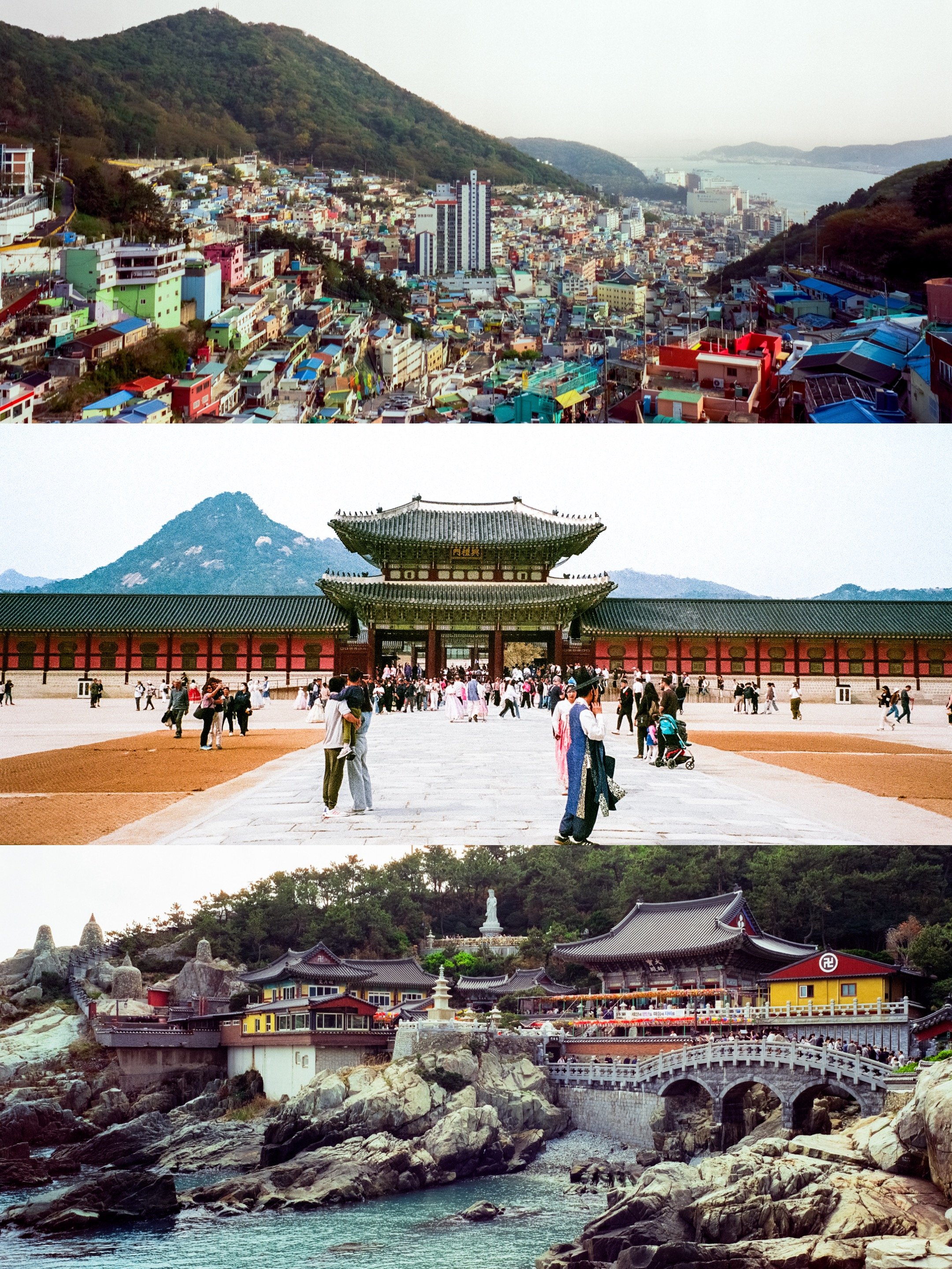 A series of images showcasing Korean landmarks and scenic views. The top image features a colorful cityscape with a mountain in the background, the middle image shows the Gyeongbokgung Palace entrance with tourists and mountains behind it, and the bottom image captures a rocky shoreline with traditional Korean buildings and a statue, with water in the foreground.