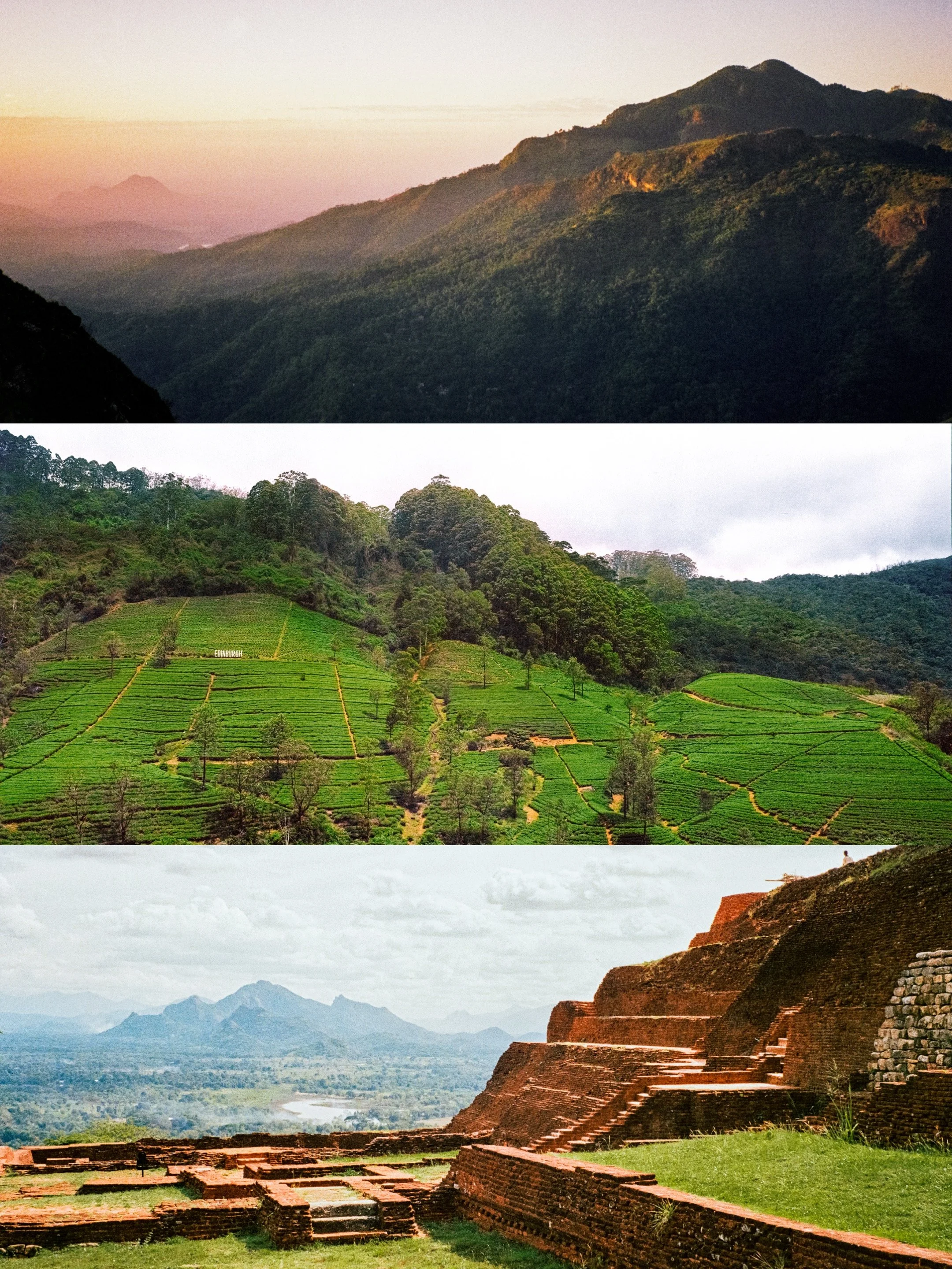 A series of four landscape photographs stacked vertically, depicting mountains, lush green hills, rice fields, and ancient brick structures with steps, representing various natural and historical sites.