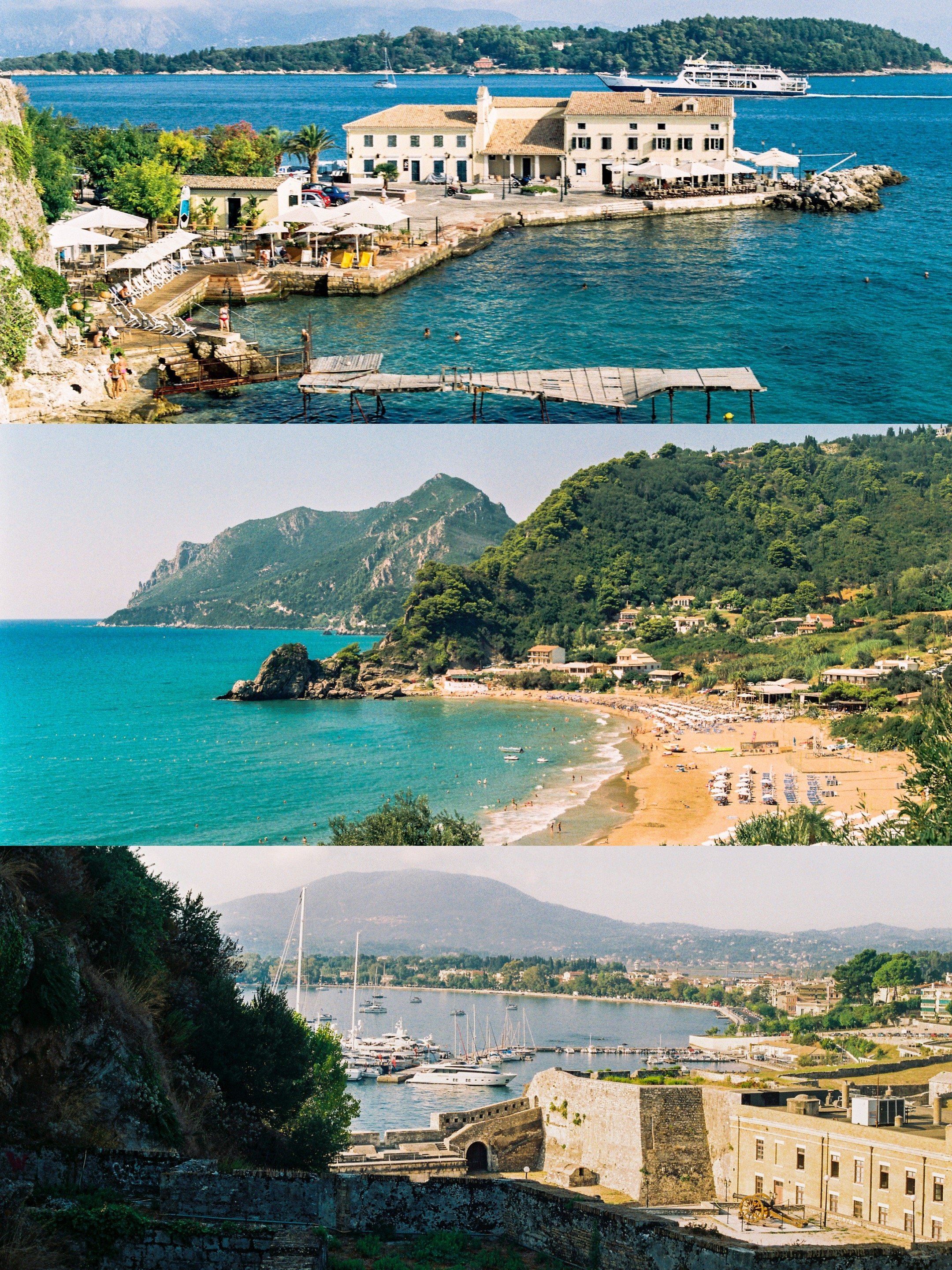 Series of four scenic coastal views with water, boats, and buildings. The first shows a waterfront with a building, umbrellas, and people swimming. The second depicts a mountain and hillside with houses. The third features a wider beach and ocean scene with many beachgoers and umbrellas. The fourth displays a harbor with sailboats and marina, and historic stone structures.