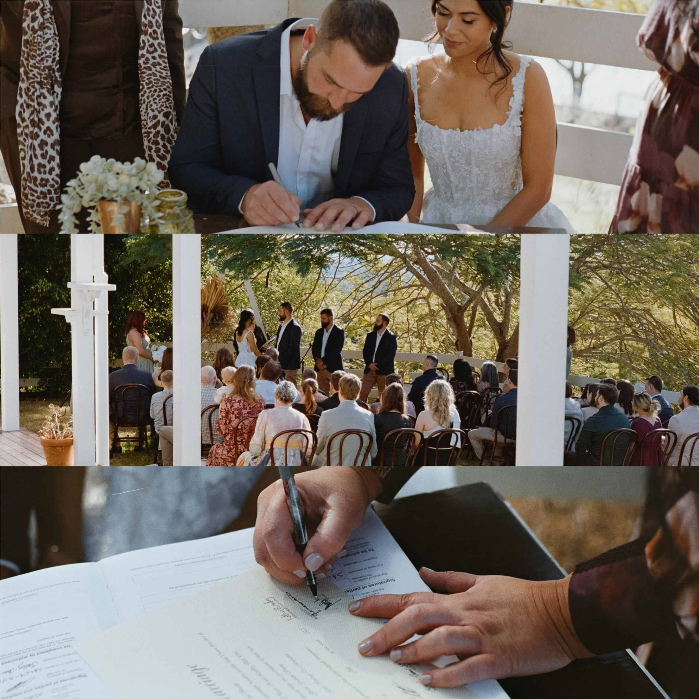 A man in a suit signing documents at a wedding ceremony with a woman in a white wedding dress.