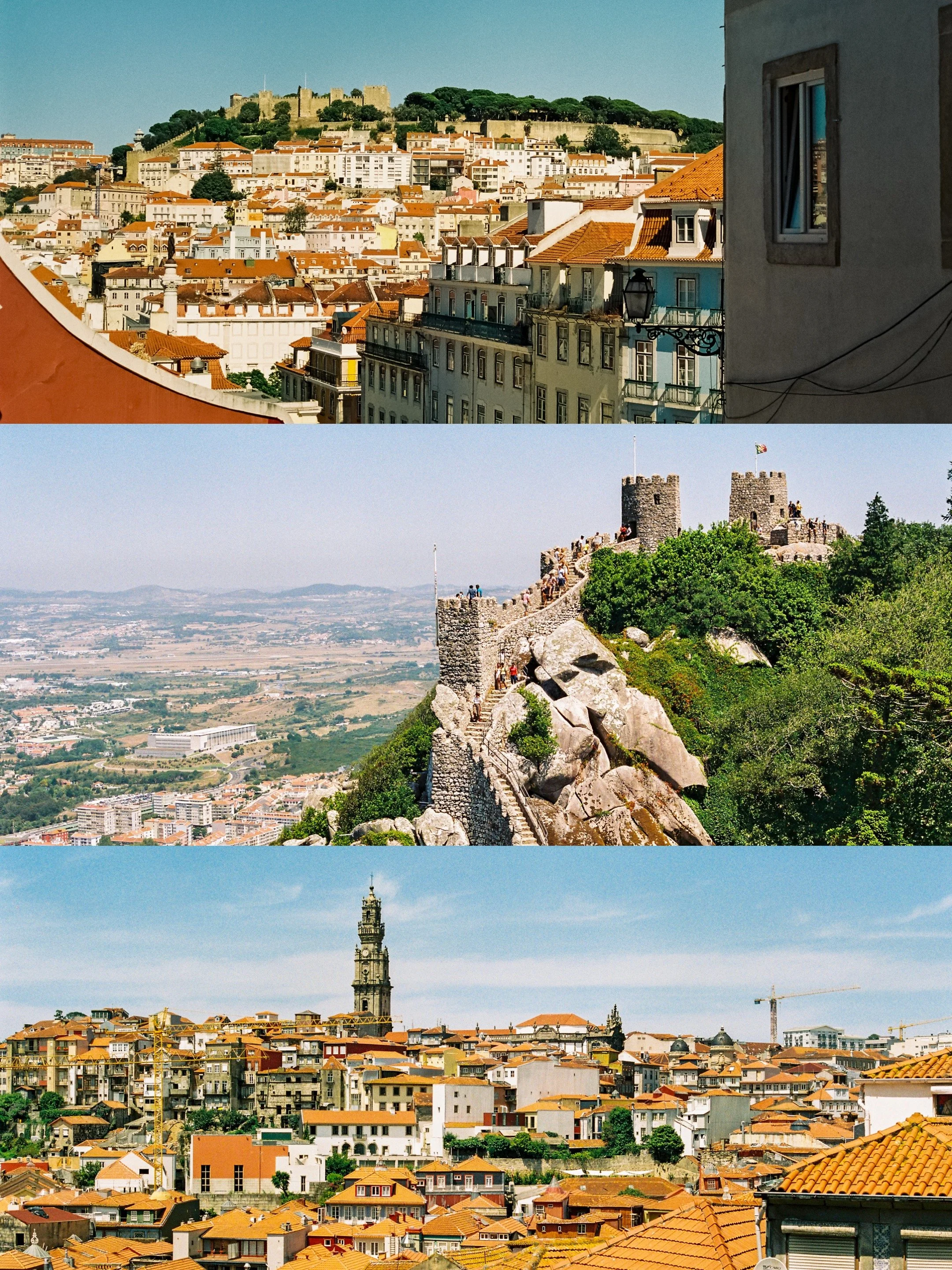 A cityscape with colorful buildings, a castle on a hilltop, a historic fortress on a rocky hill, and a tall clock tower against a clear blue sky.