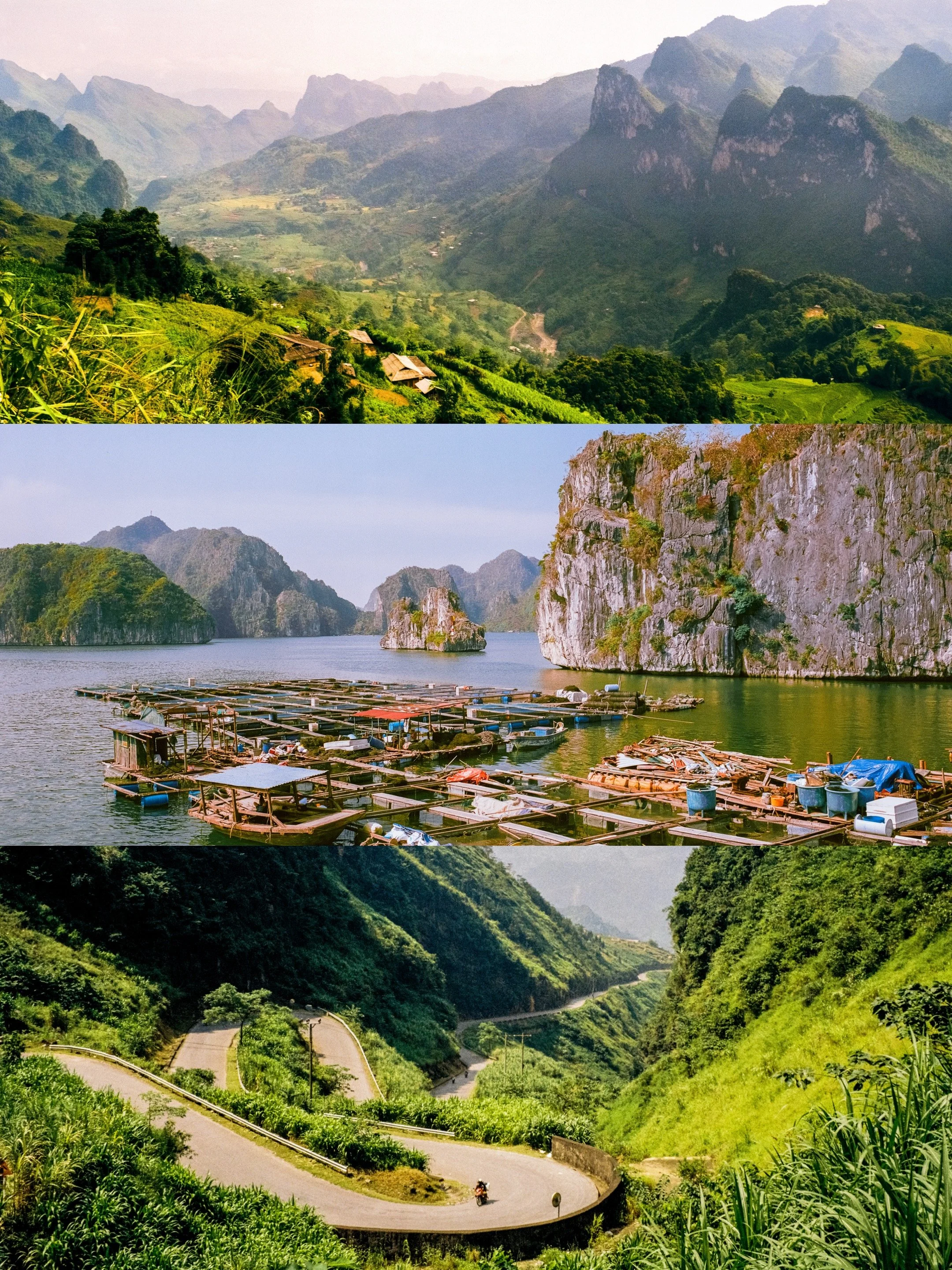 A collage of four scenic landscapes featuring mountains, lakes, and greenery. The first image shows lush green mountains with small houses and fields. The second image depicts a serene lake with towering limestone cliffs in the background. The third image is of a winding road through dense green hills, and the last image shows a winding mountain road through verdant hills.