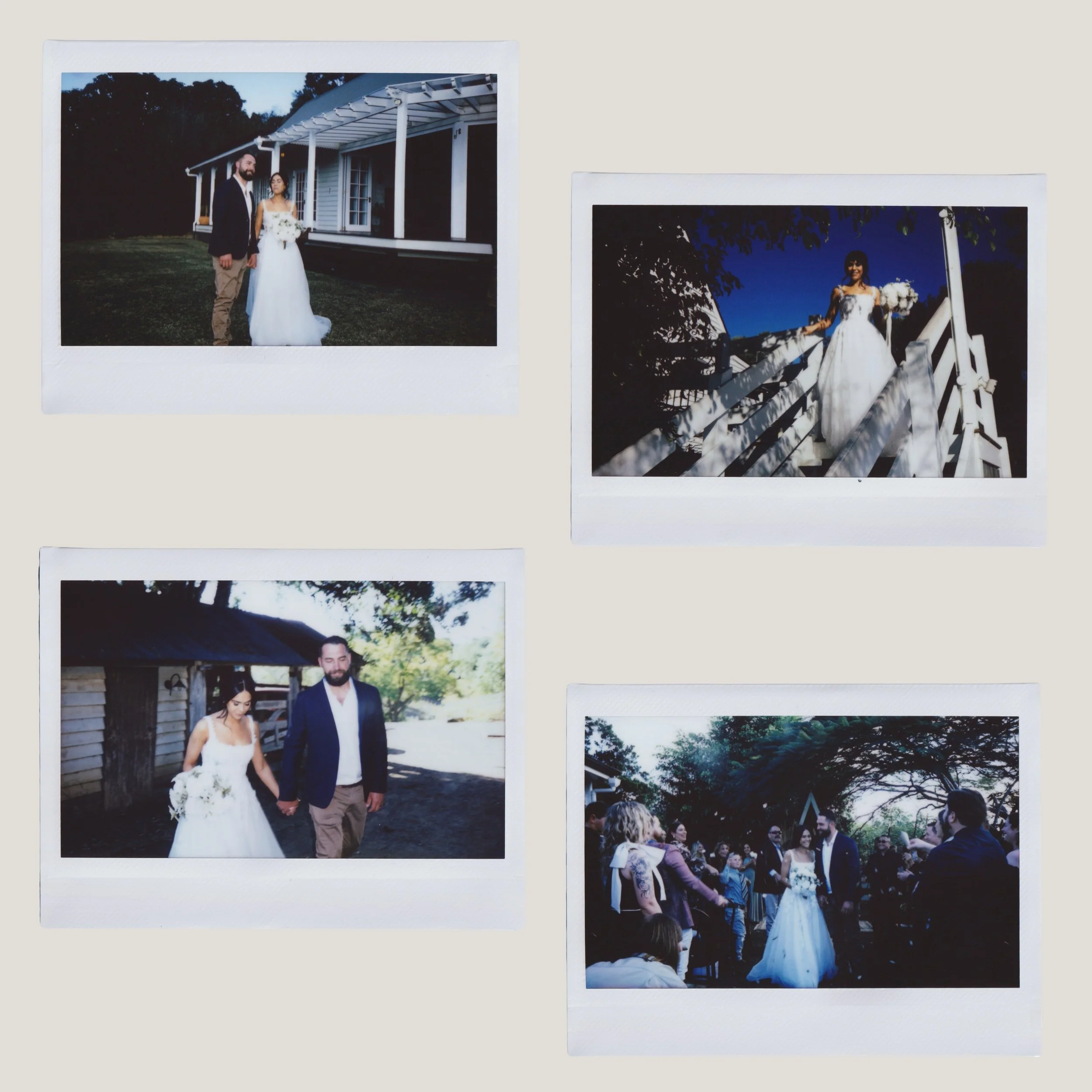 Polaroid photos of a wedding with a bride in a white wedding dress and groom in a dark suit, walking outdoors, holding hands, and smiling, during the daytime with people gathered under a canopy and around, in a garden or park setting.