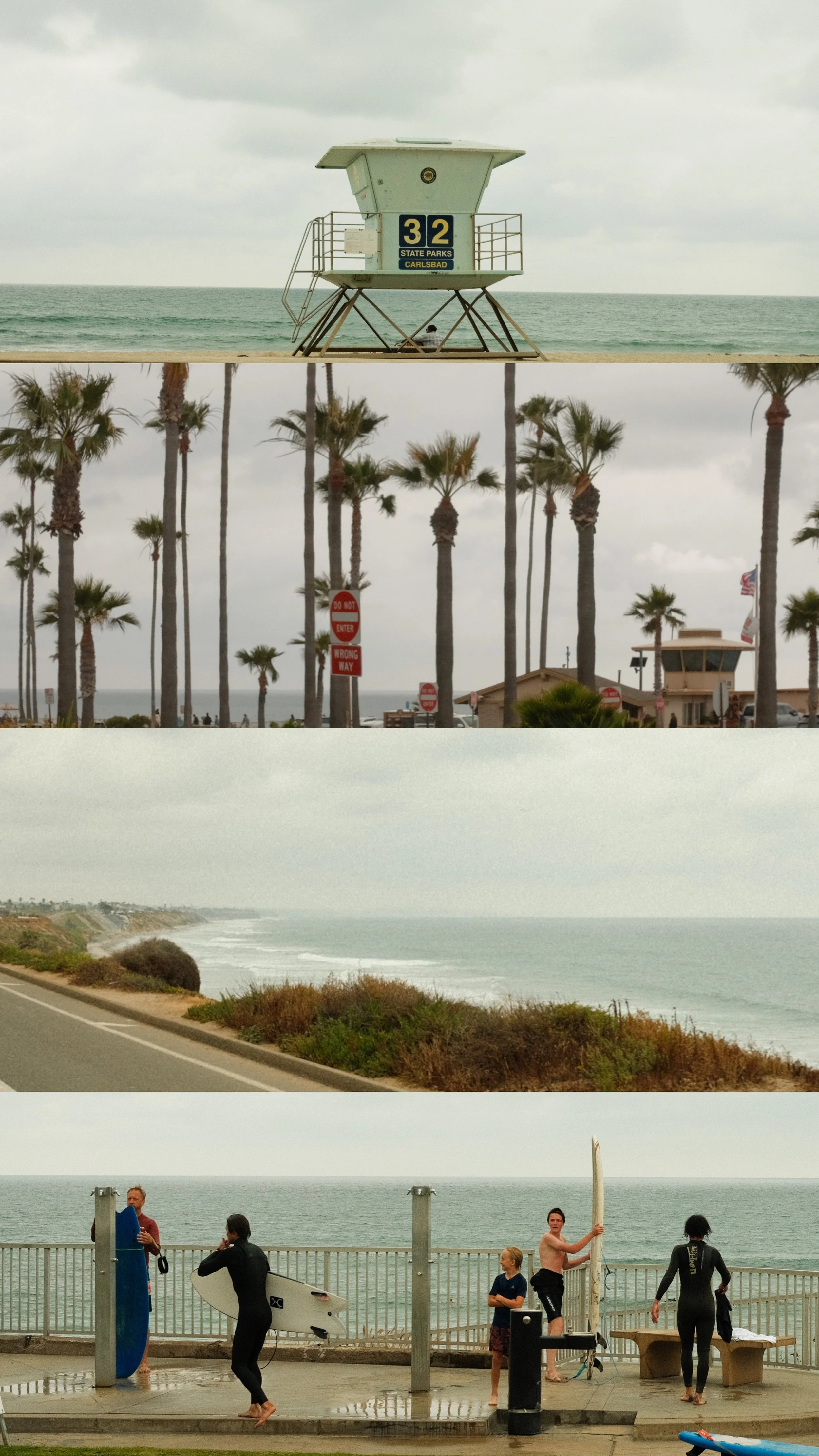 Multiple scenes of a beach in California, featuring a lifeguard tower, palm trees, ocean waves, and people preparing to surf.