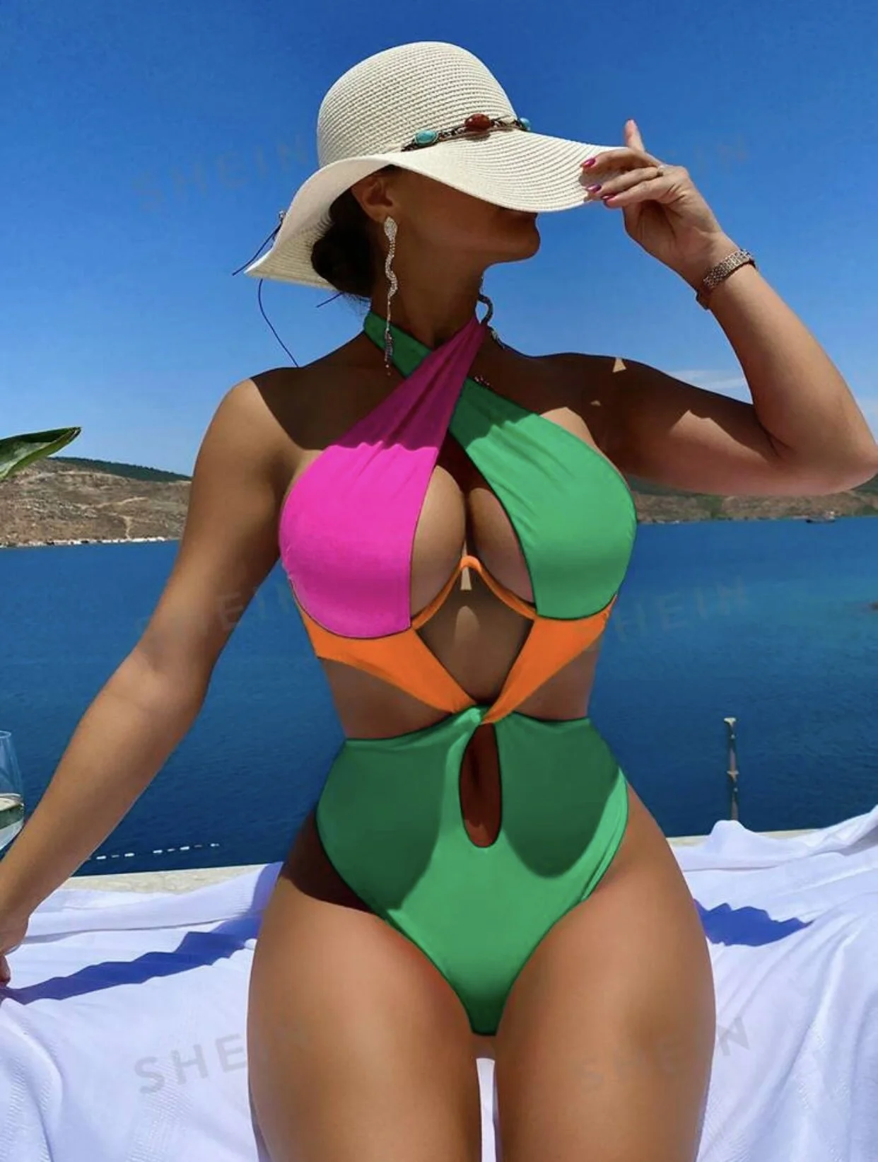Green w/orange trim 1 piece swimsuit