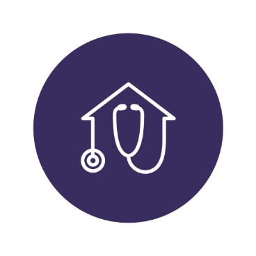 Icon of a stethoscope forming a house inside a purple circle.