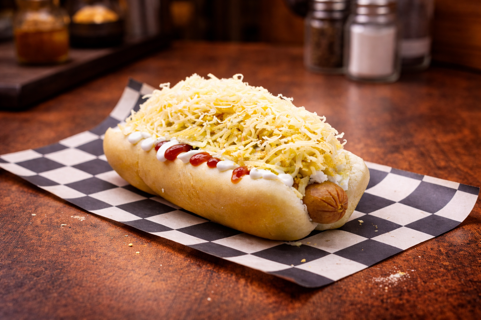 Hot dog with shredded cabbage, diced onions, corn, potato sticks shredded cheese, mustard, ketchup, mayonnaise, cilantro-garlic sauce and a sausage in a bun on checkered paper on a wooden table.