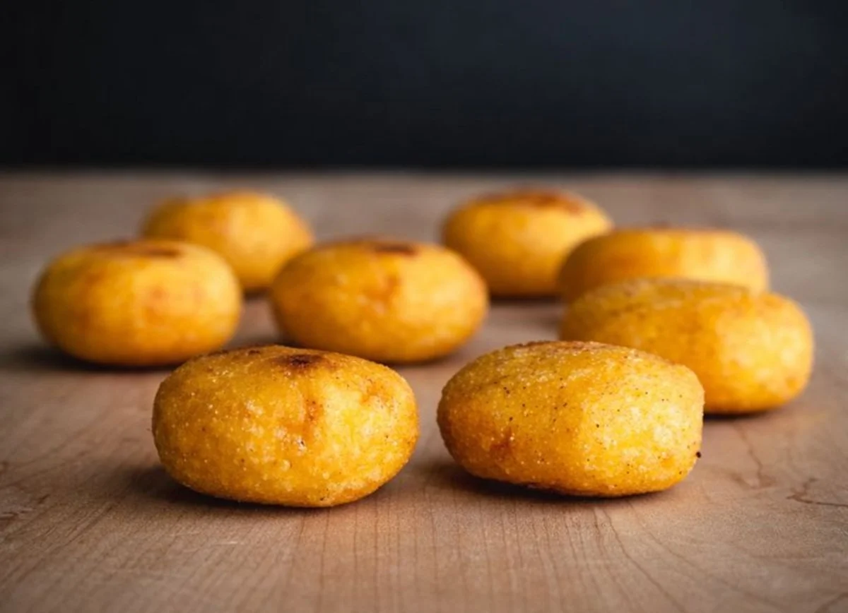 Close-up of round, fried, golden-brown arepitas arranged on a wooden surface with a black background.