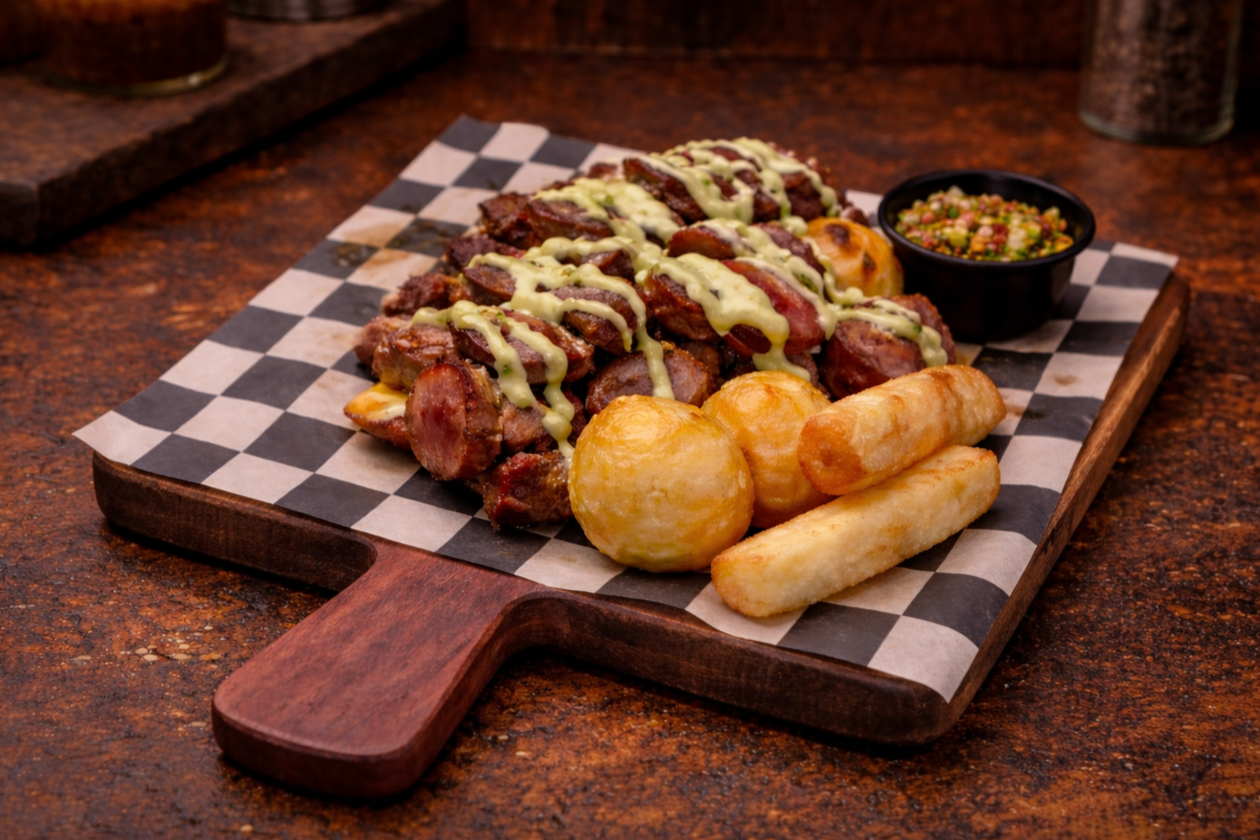 Grill platter with grilled beef, chicken, sausage, and pork belly, topped with cilantro-garlic sauce, fried arepitas, yucca fries, and a side of chimichurri on a checkered paper-lined wooden tray.