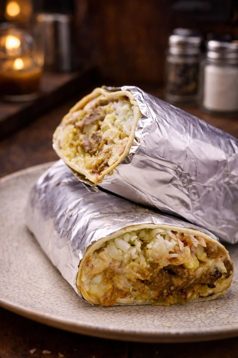 Two foil-wrapped street rolls on a textured plate, with one partially unwrapped to show grilled beef, chicken, grilled peppers, shredded cabbage, diced onions, corn, potato sticks shredded cheese, mustard, ketchup, mayonnaise, cilantro-garlic inside.