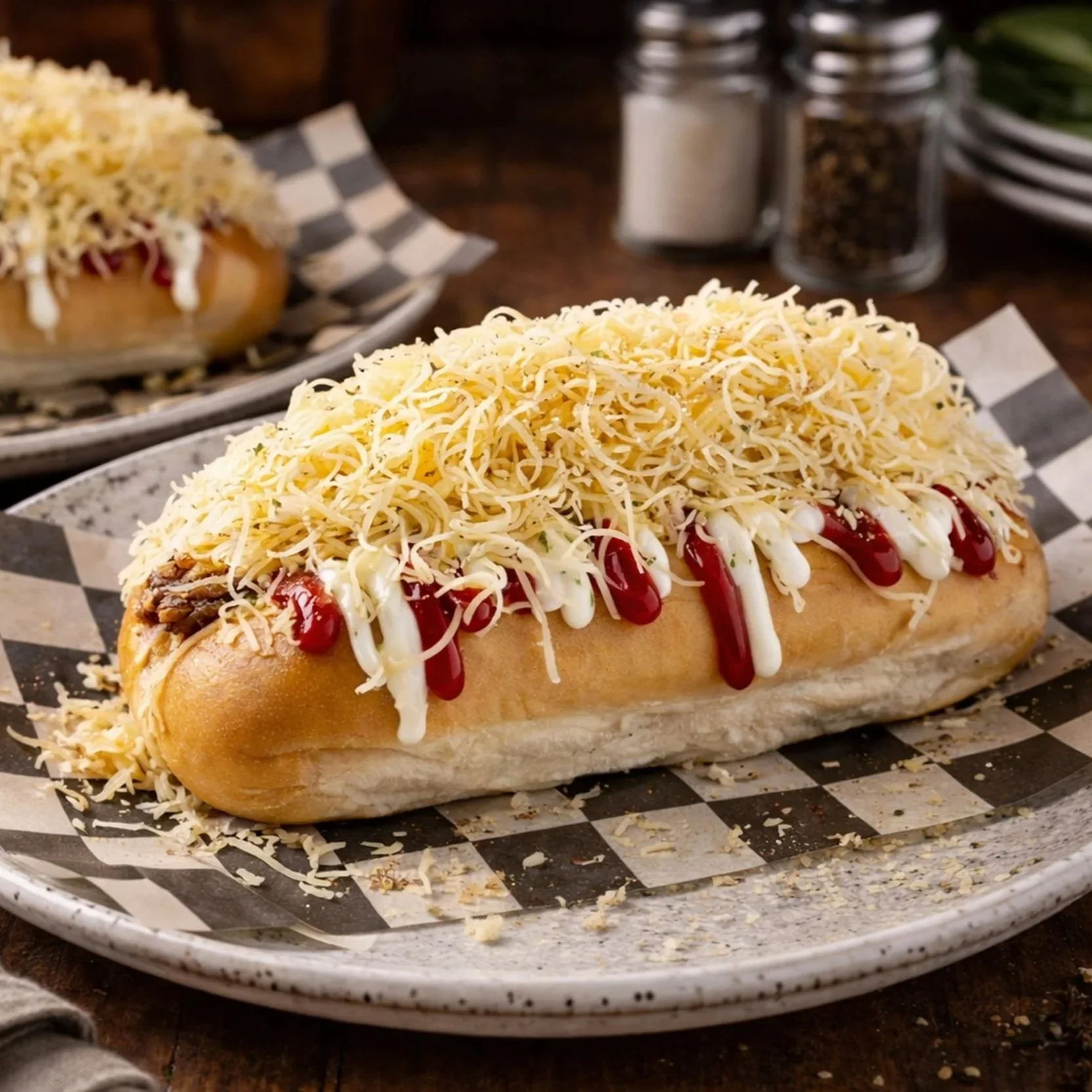 A large pepito dog topped with grilled beef, chicken, grilled peppers, shredded cabbage, diced onions, corn, potato sticks shredded cheese, mustard, ketchup, mayonnaise, cilantro-garlic sauce on a black-and-white checkered paper-lined tray.