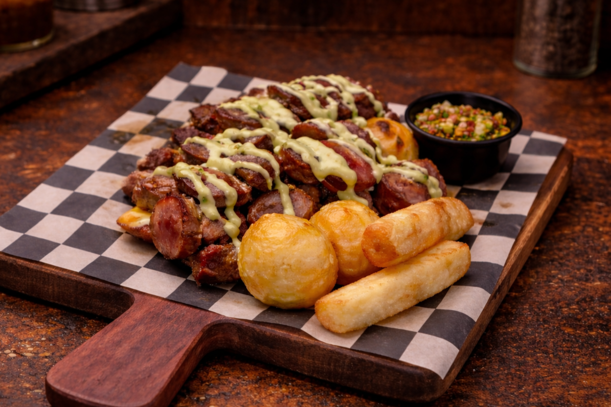 Grill platter with grilled beef, chicken, sausage, and pork belly, topped with cilantro-garlic sauce, fried arepitas, yucca fries, and a side of chimichurri on a checkered paper-lined wooden tray.