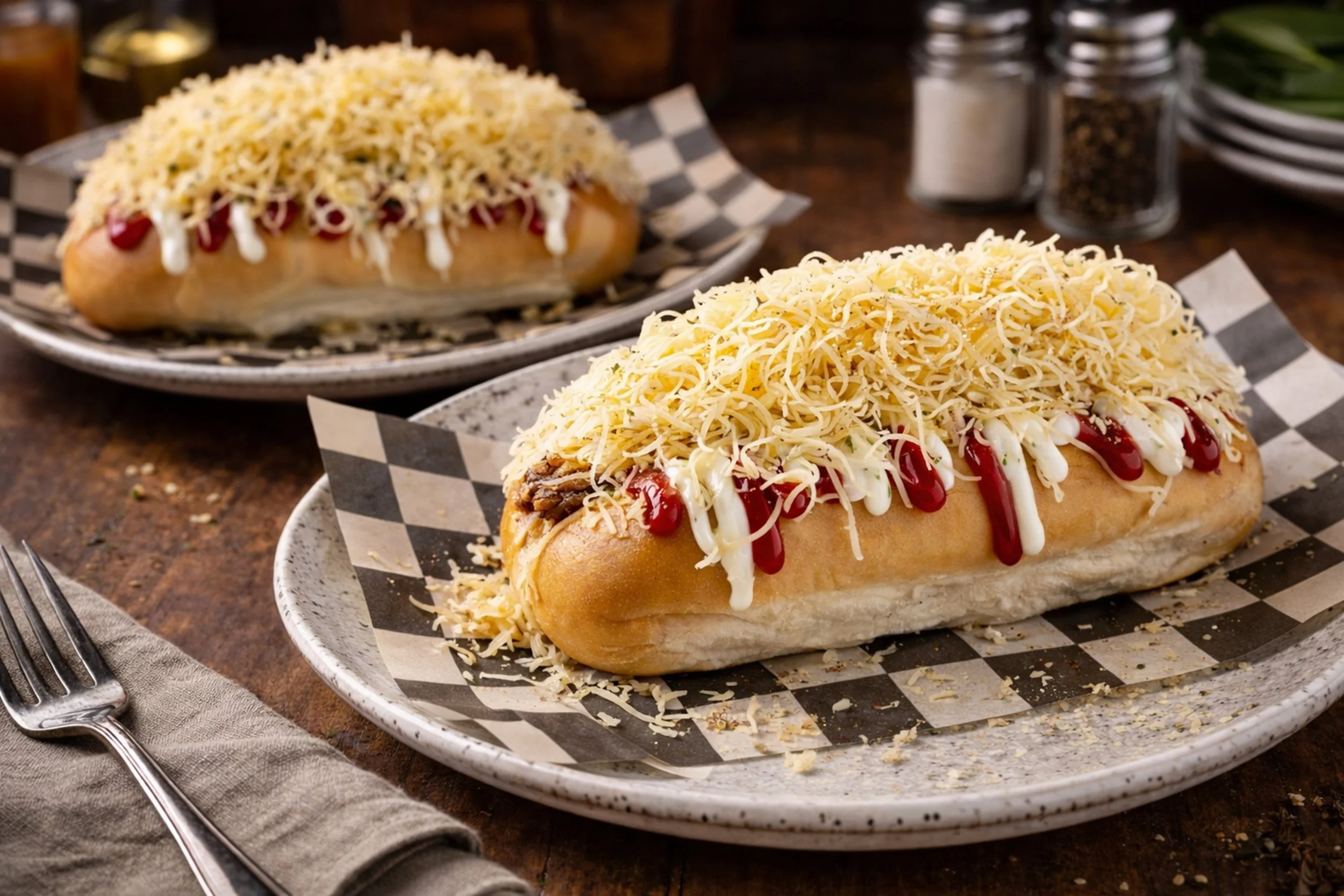 Two large pepito dogs topped with grilled beef, chicken, grilled peppers, shredded cabbage, diced onions, corn, potato sticks shredded cheese, mustard, ketchup, mayonnaise, cilantro-garlic sauce on a black-and-white checkered paper-lined tray.