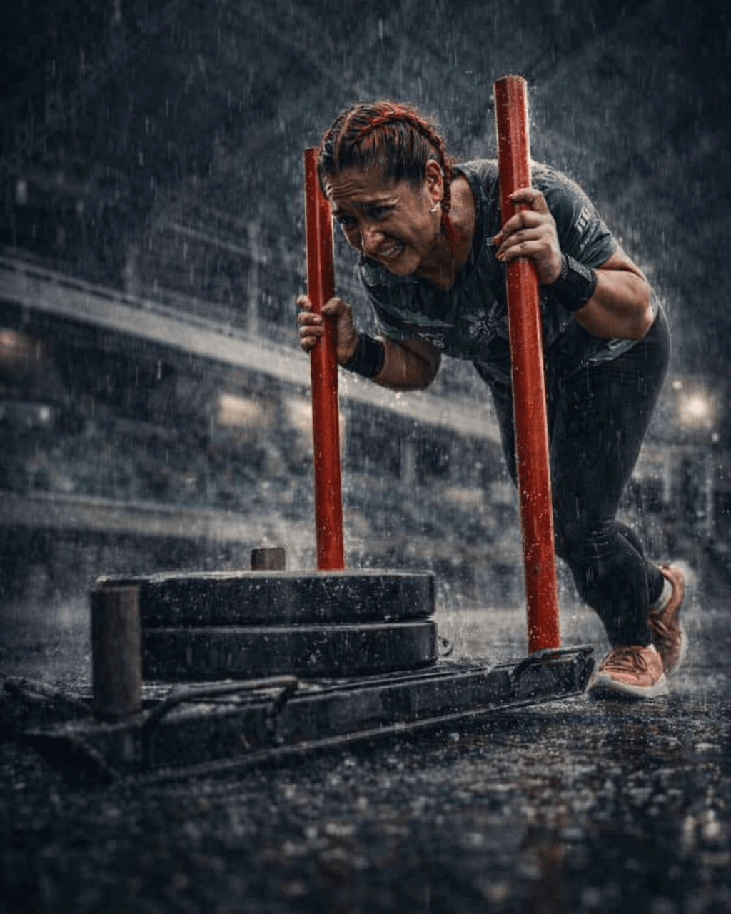 Woman pushing weighted sled in the rain — Frida Kahlo quote on endurance