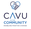 Logo of CavU in the Community, featuring two hands shaking above the text.