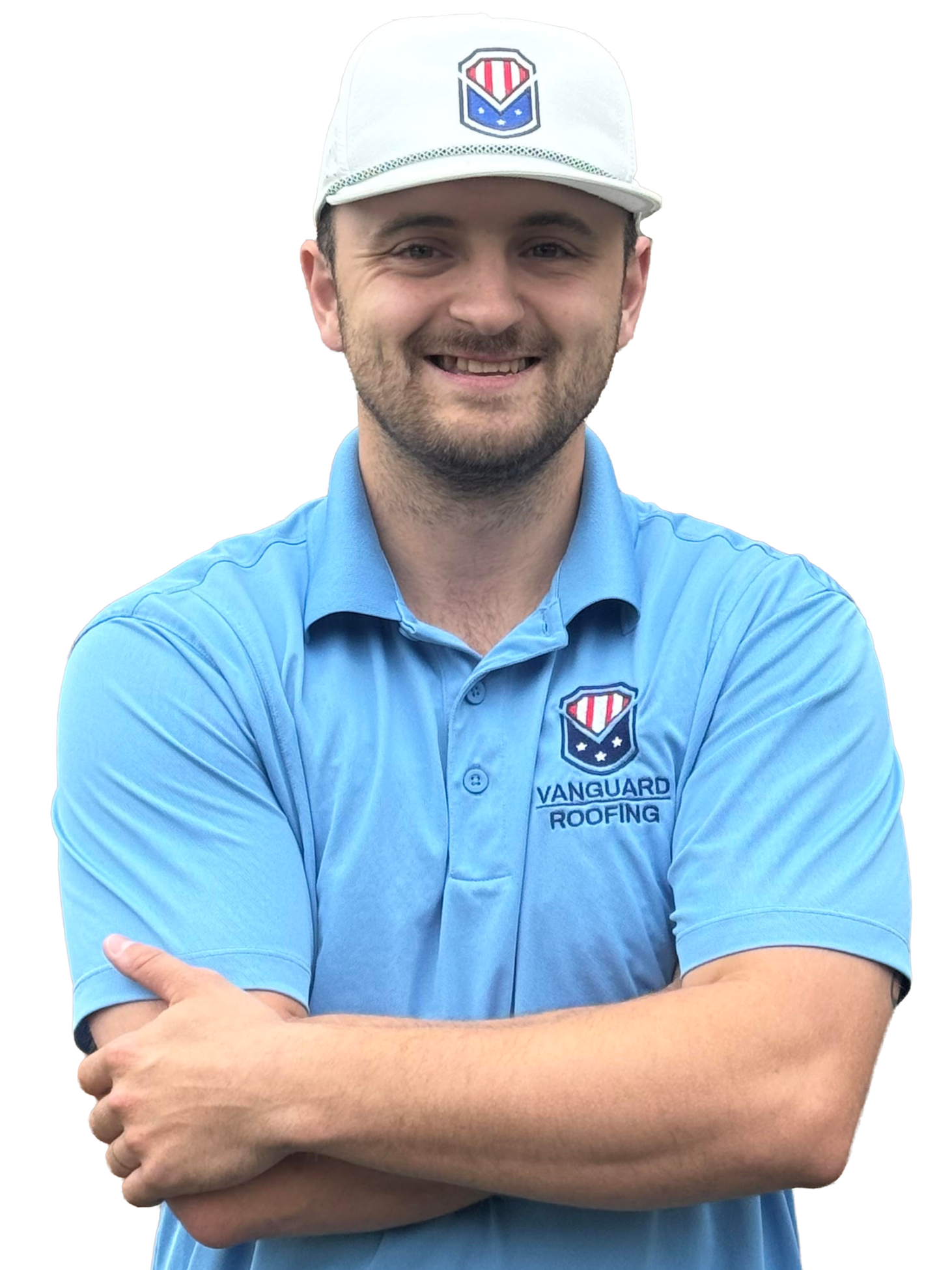 Close-up of a general manager's face, smiling, wearing a branded shirt and a white cap with the Vanguard Logo