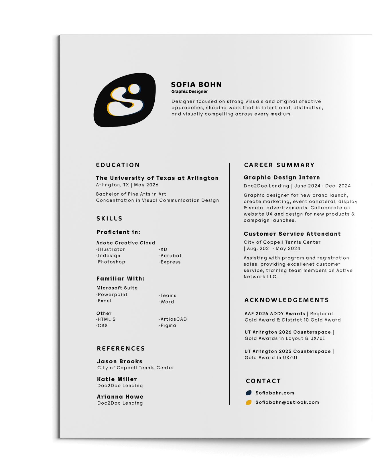 A professional resume for Sofia Bohn, a graphic designer. The resume includes a logo at the top left, her name, job title, a brief description, sections for education, skills, references, career summary, and contact information. The contact section lists a website and email. The resume has a clean, minimalist design with black text on a white background.