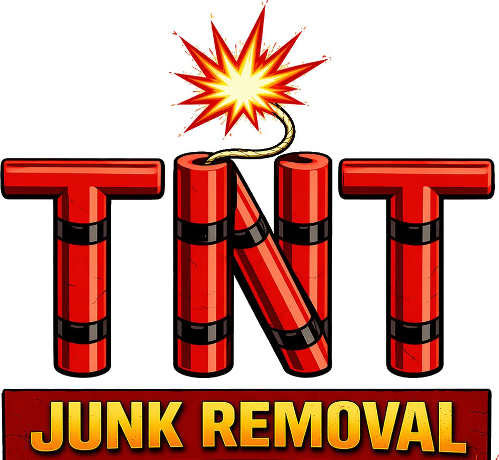 TNT Junk Removal logo with red dynamite-style TNT letters and explosion icon