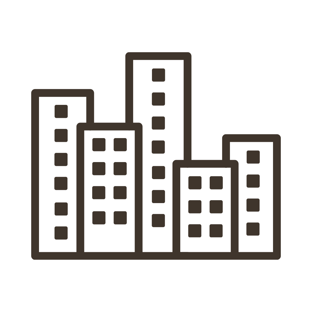 Linienzeichnung einer Stadt mit mehreren Hochhäusern.