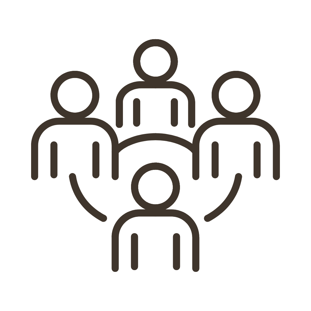 Symbolhaftes Icon mit fünf Menschen, die um einen Tisch gruppiert sind, zeigt Zusammenarbeit oder Teammeeting.