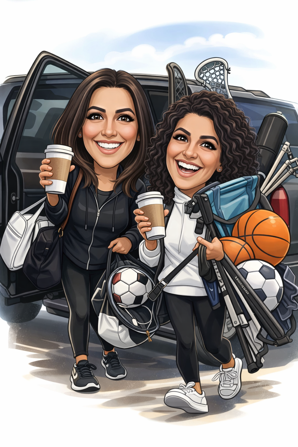Two women in athletic clothing, smiling and holding coffee cups, standing in front of an SUV with sports equipment, including soccer balls, basketball, tennis rackets, golf club, and a backpack, against a partly cloudy sky.