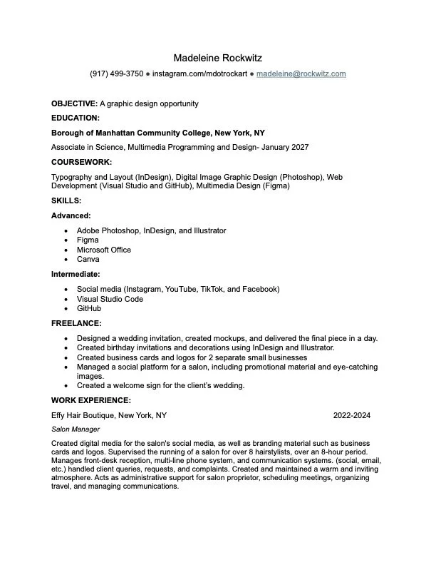 Resume for Madeleine Rockwitz displaying contact information, objective, education, coursework, skills, freelance projects, work experience as a salon manager at Effy Hair Boutique, New York, NY, and contact details.