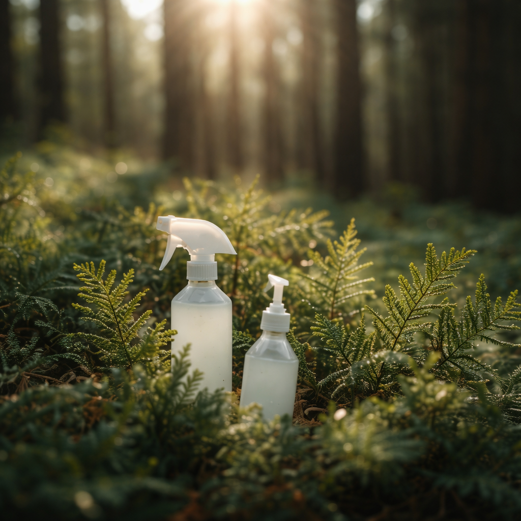Two white spray bottles in a forest with sunlight shining through trees.