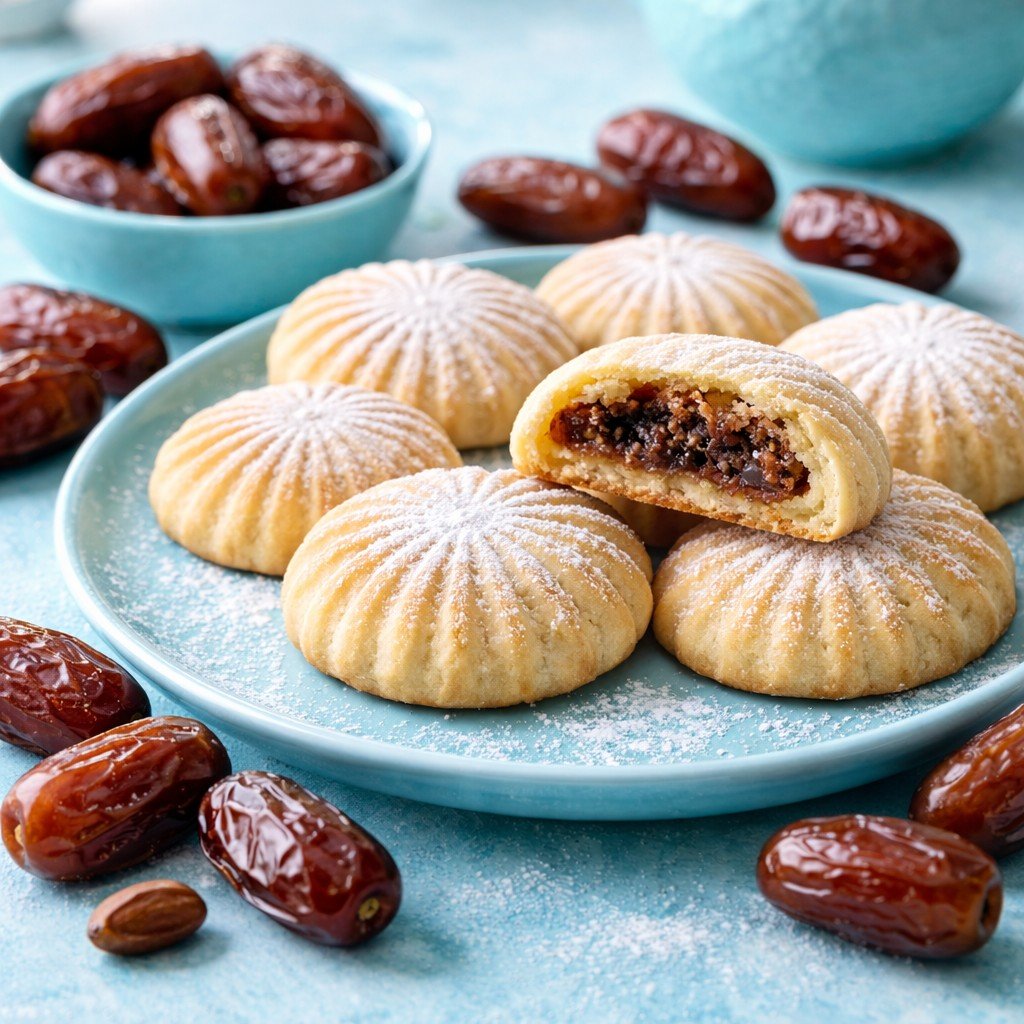 Plate of snowball cookies with powdered sugar, filled with date paste, surrounded by dates and almonds on a blue surface.