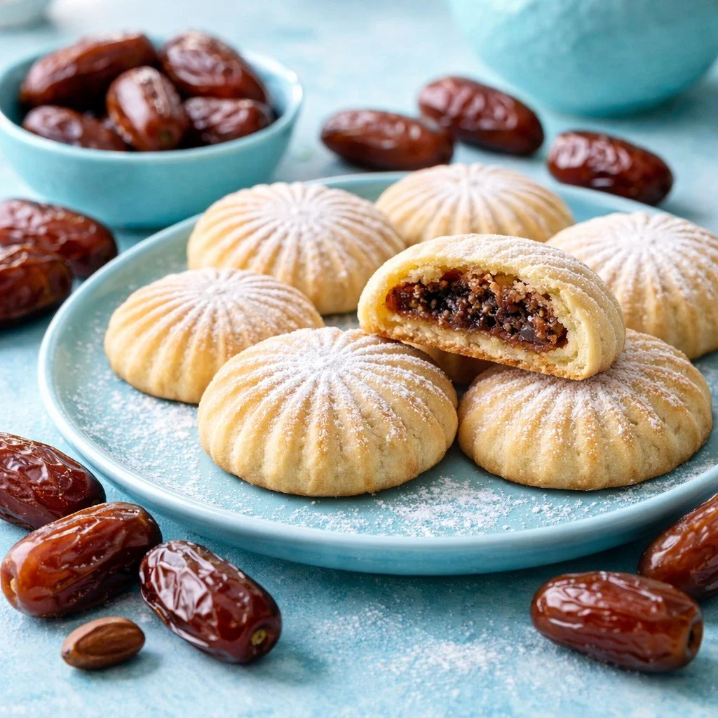 Plate of round, ridged cookies dusted with powdered sugar, one cut open revealing a date filling, surrounded by scattered dates and a bowl of more dates, on a light blue surface.