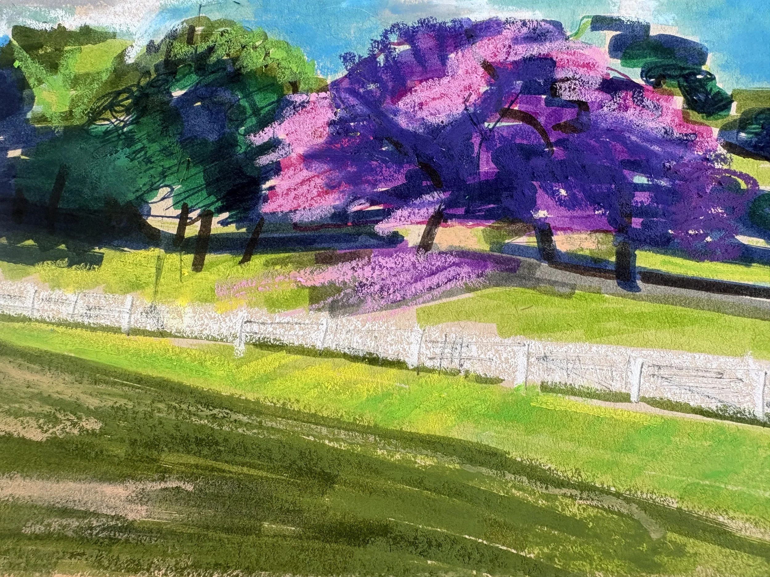 Colorful painting depicting a landscape with trees, purple flowers, green grass, and a bright blue sky.