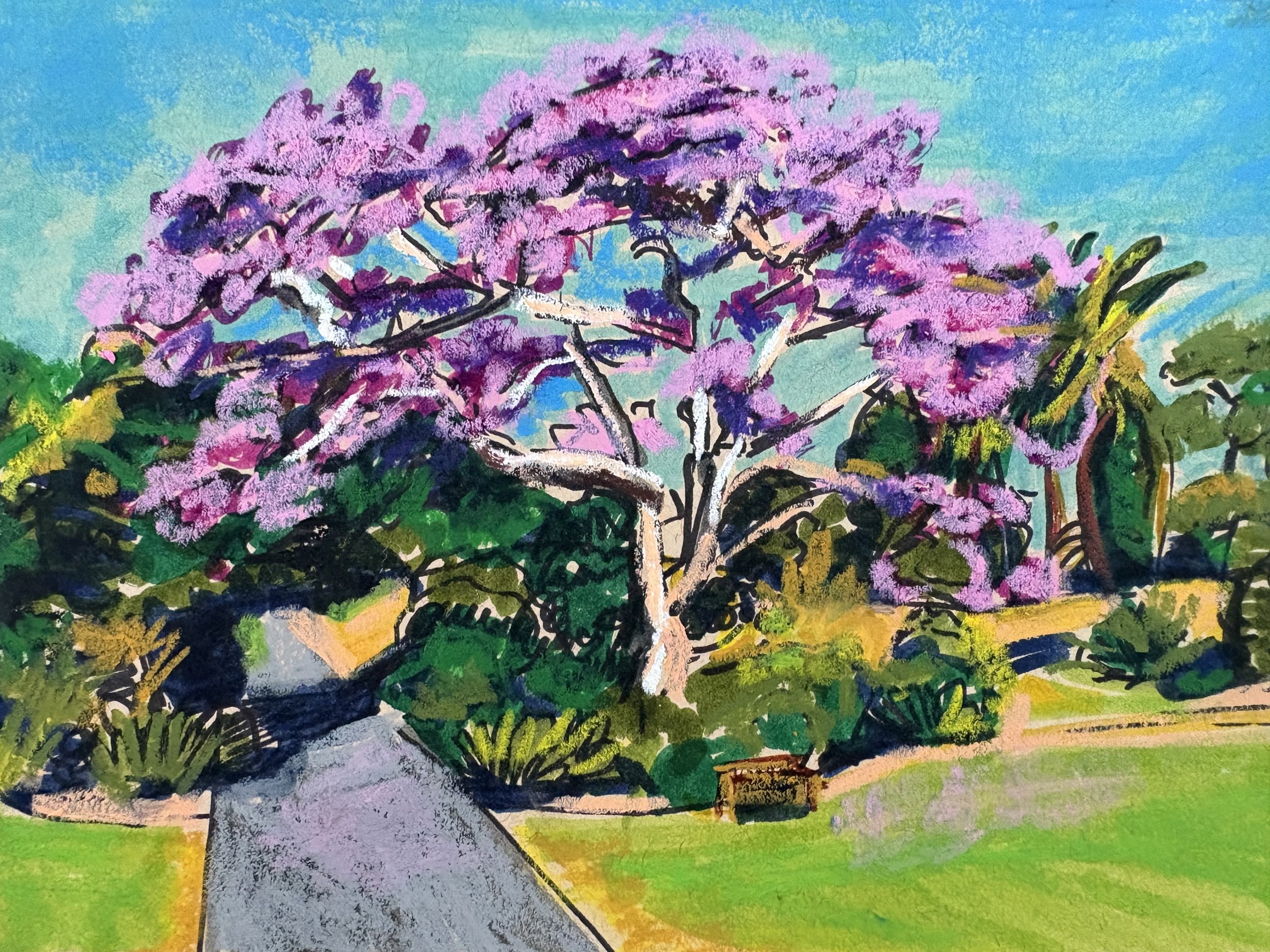 A colorful painting of a blooming tree with pink and purple flowers, a winding path, and green grass under a blue sky.