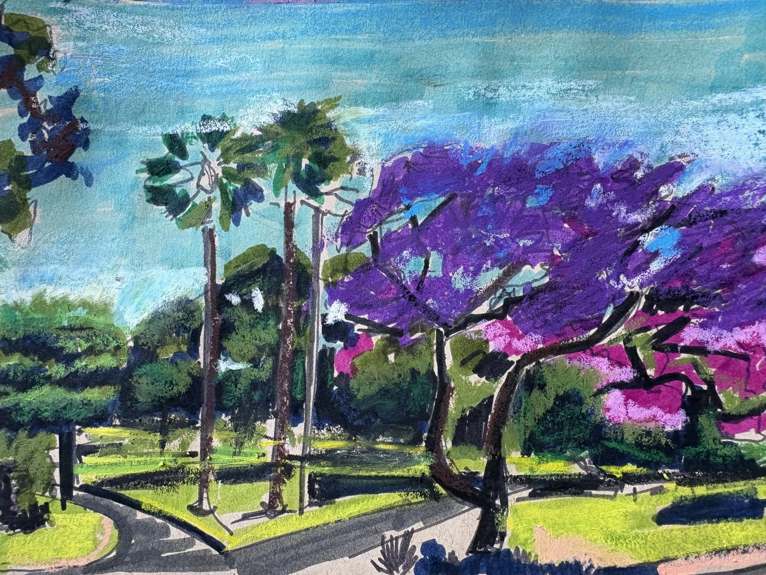 A colorful landscape painting of trees with purple, green, and dark foliage, a blue sky, and a grassy foreground.