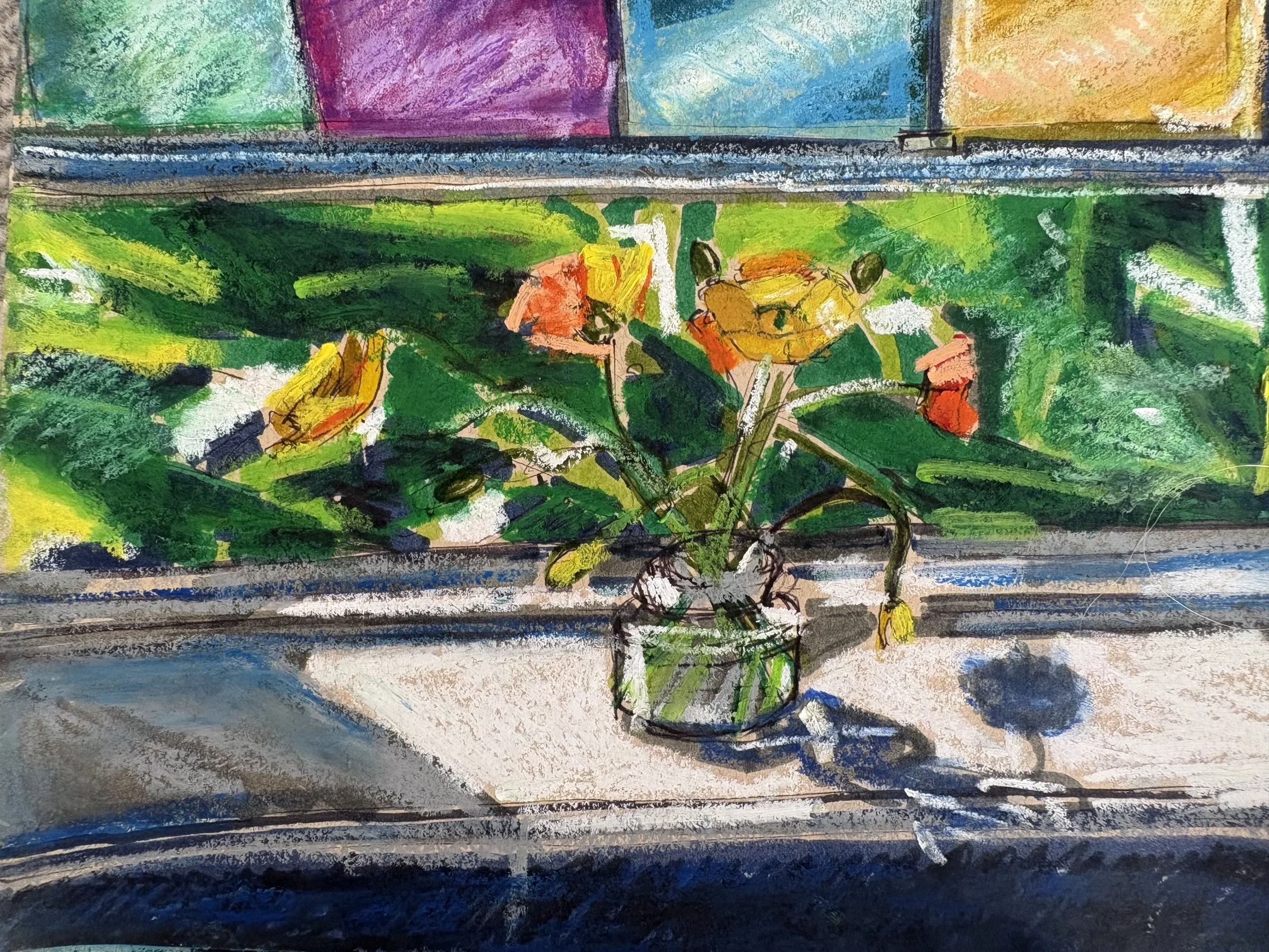 A colorful abstract painting featuring vibrant green, yellow, pink, blue, black, and white colors with thick brushstrokes. There is a small metallic object in a pot in the middle, possibly a plant or flower.