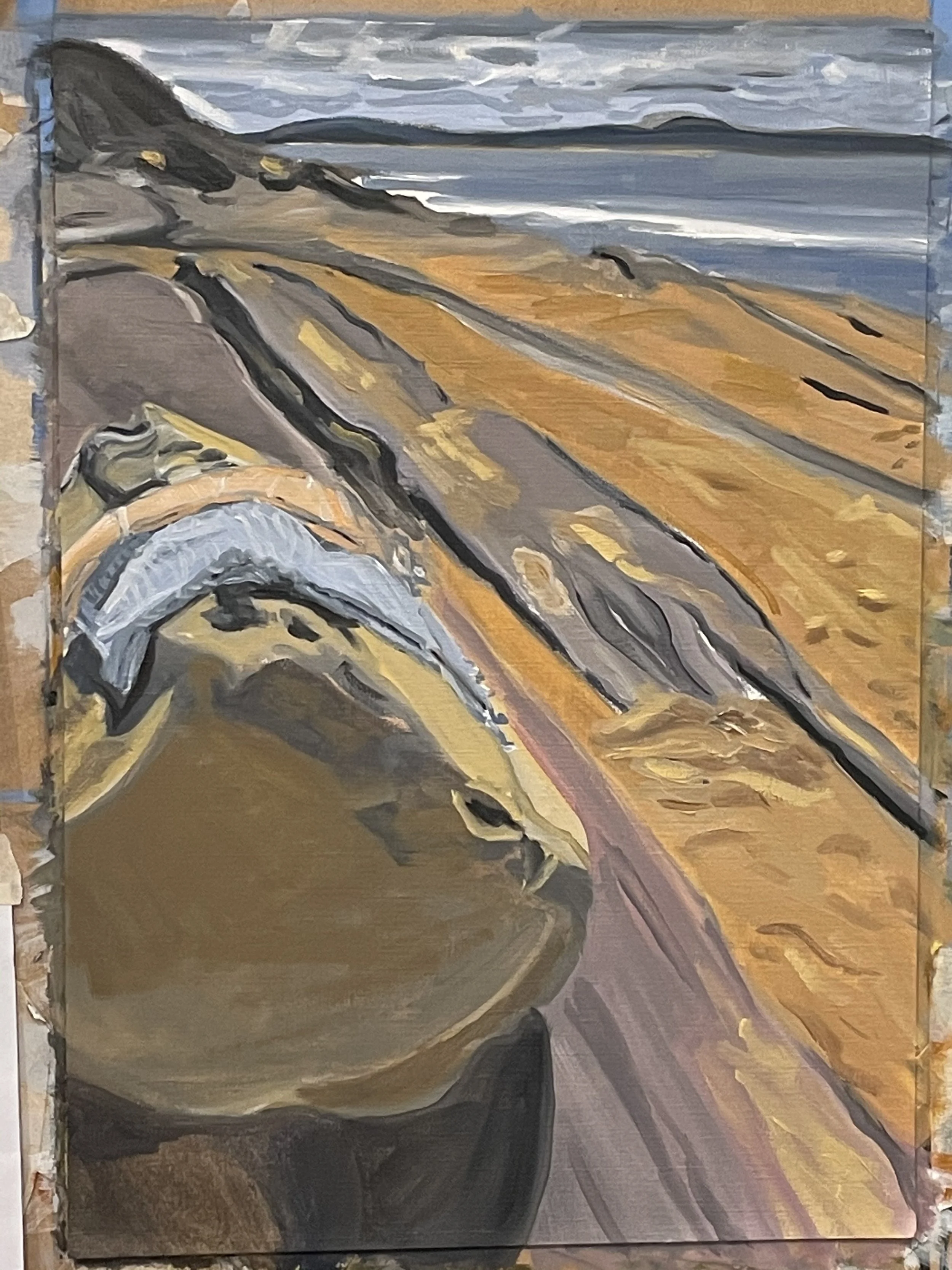 Painting of a seaside landscape with rocky cliffs, ocean waves, and a cloudy sky, using broad brushstrokes with earthy and cool tones.