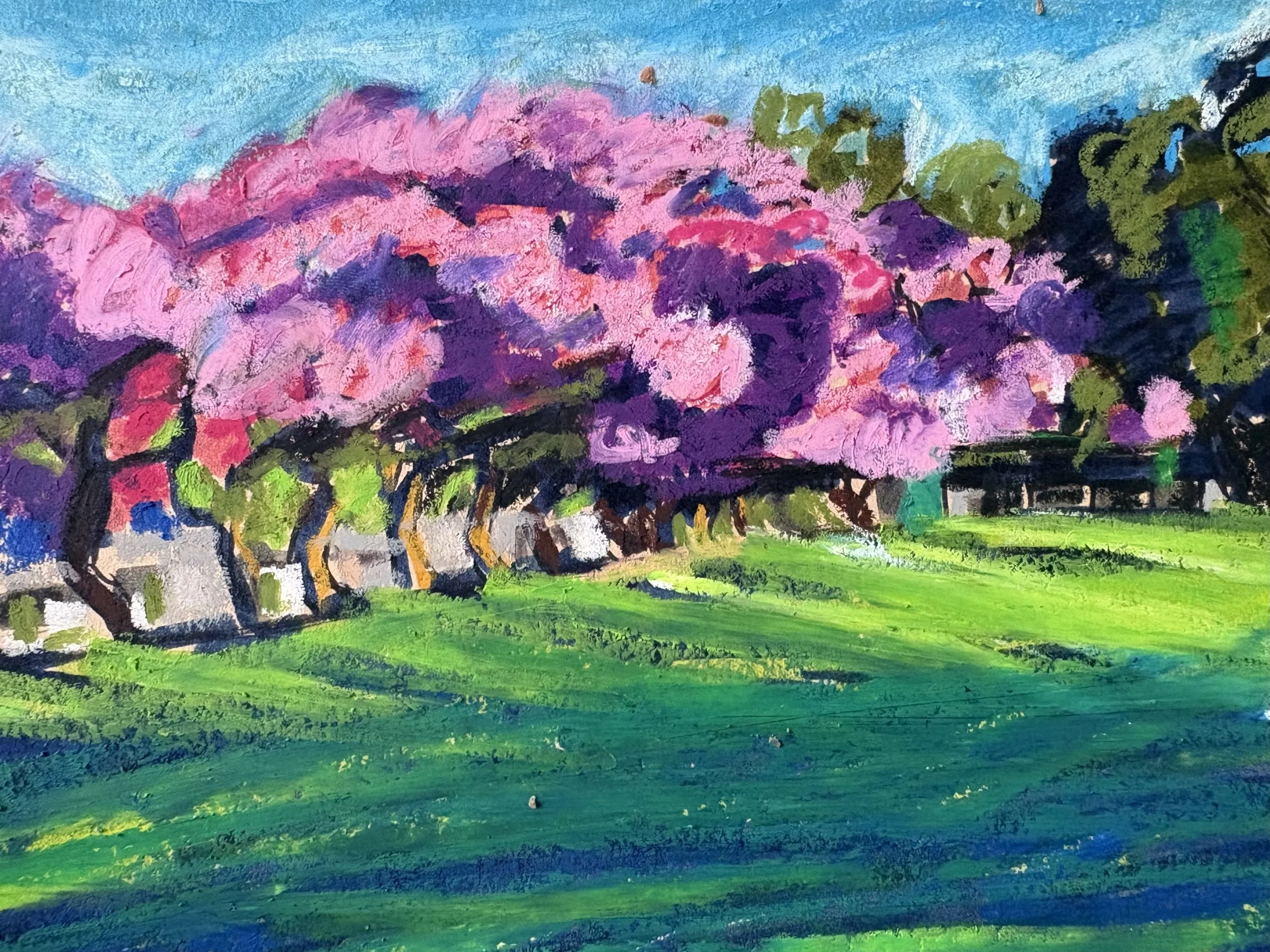 Colorful painting of pink and purple flowers with green leaves and grass, with a blue sky background.