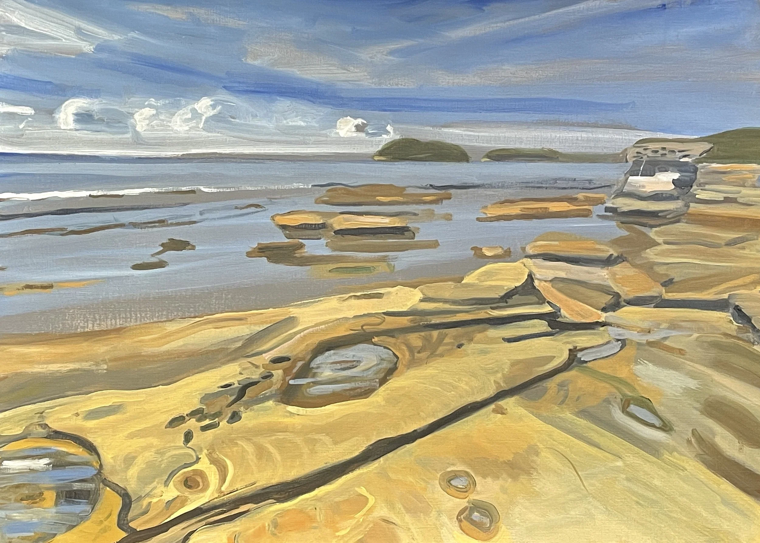 A landscape scene painted with loose brushstrokes, depicting a rocky beach with yellowish stones in the foreground, the ocean with waves in the middle ground, and green hills and a blue sky with clouds in the background.