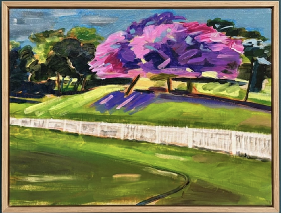 Colorful landscape painting of a park with lush green grass, a white fence, a pink flowering tree, and other trees under a light blue sky.