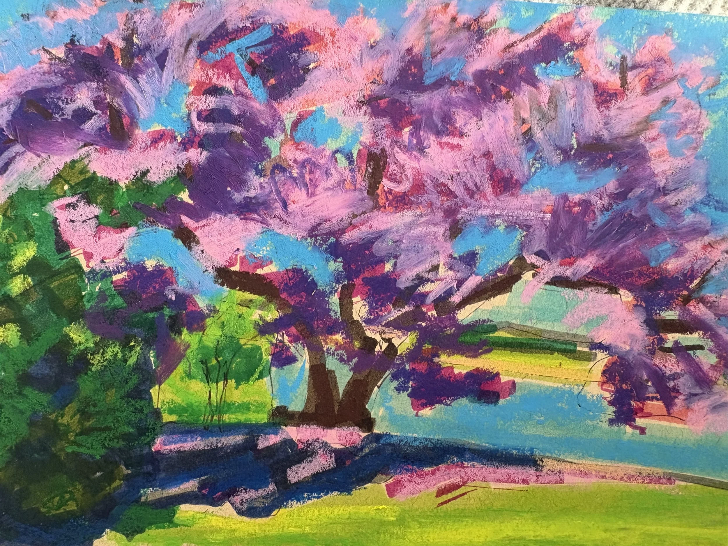 A colorful painting of a tree with pink, purple, and blue blossoms, green leaves, and dark branches on a vibrant background.