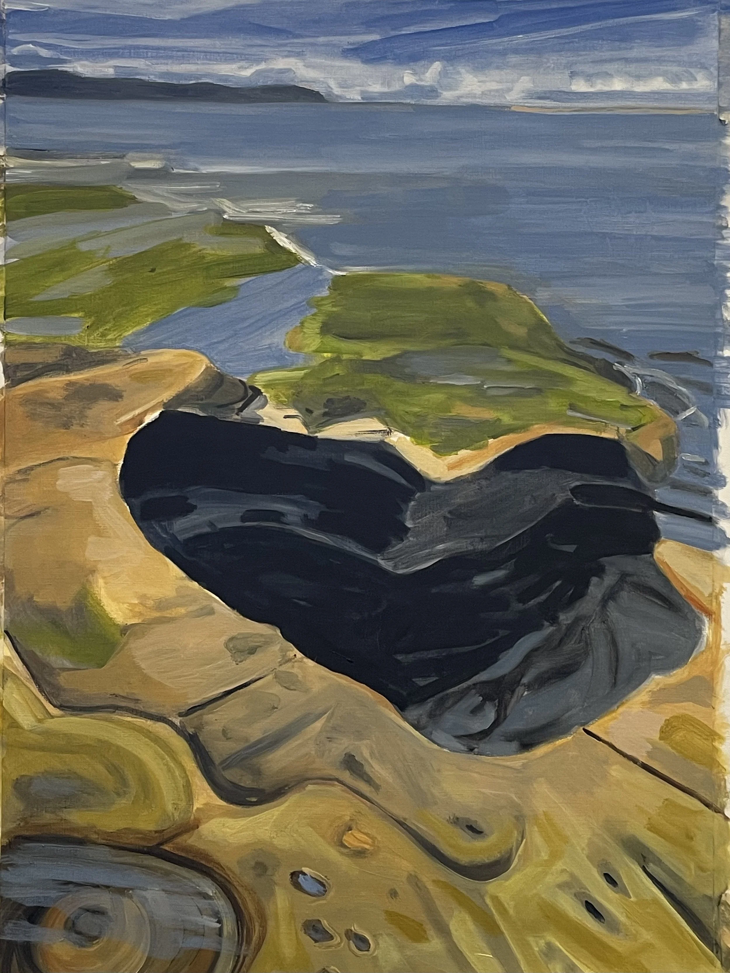 An abstract landscape painting depicting a coastline with hills, water, and sky, created with bold brushstrokes and earthy colors.