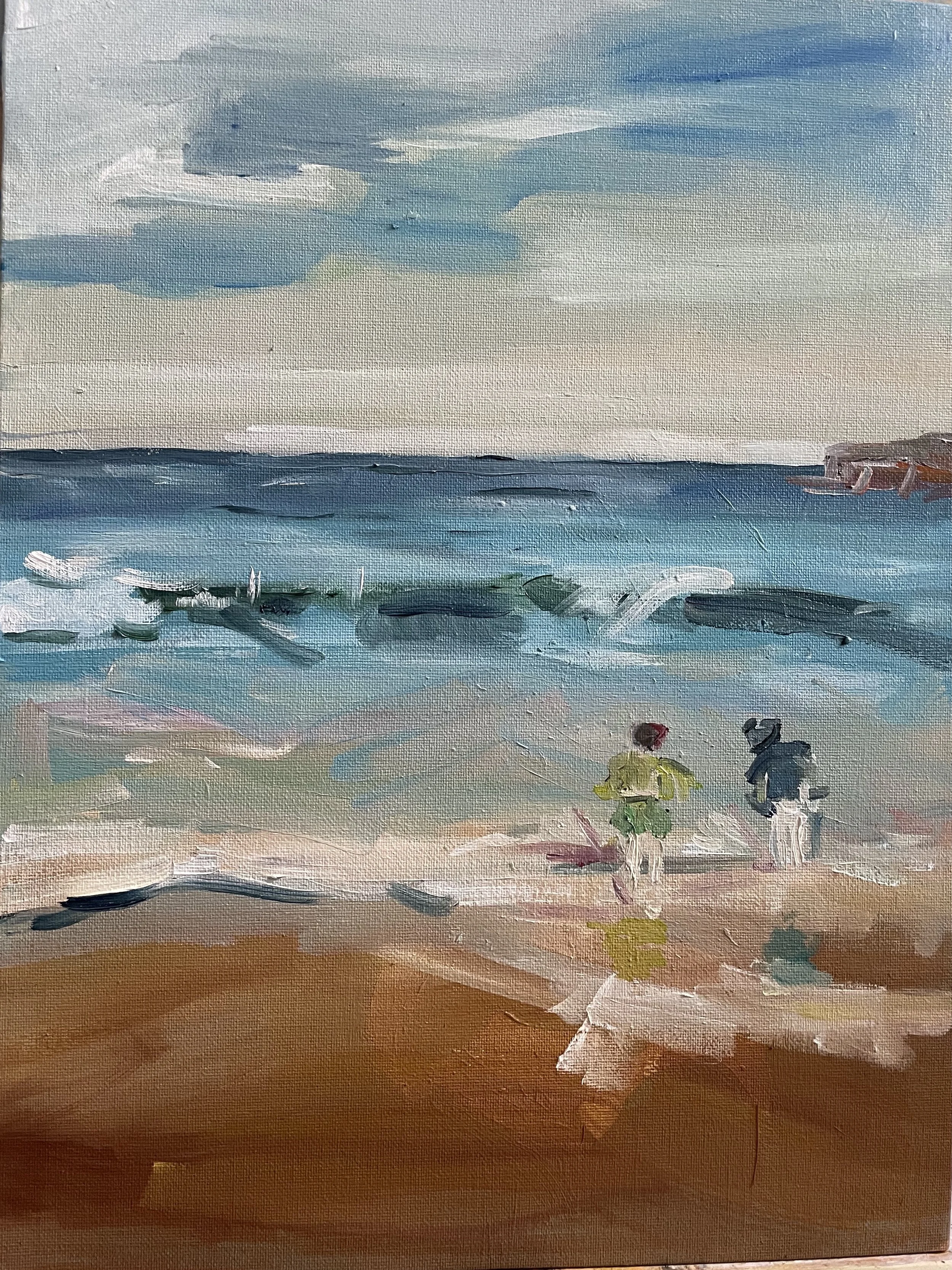 Waterfront scene painted with oil, featuring a sandy beach in the foreground with two people walking, the ocean in the middle with gentle waves, and a cloudy sky above.