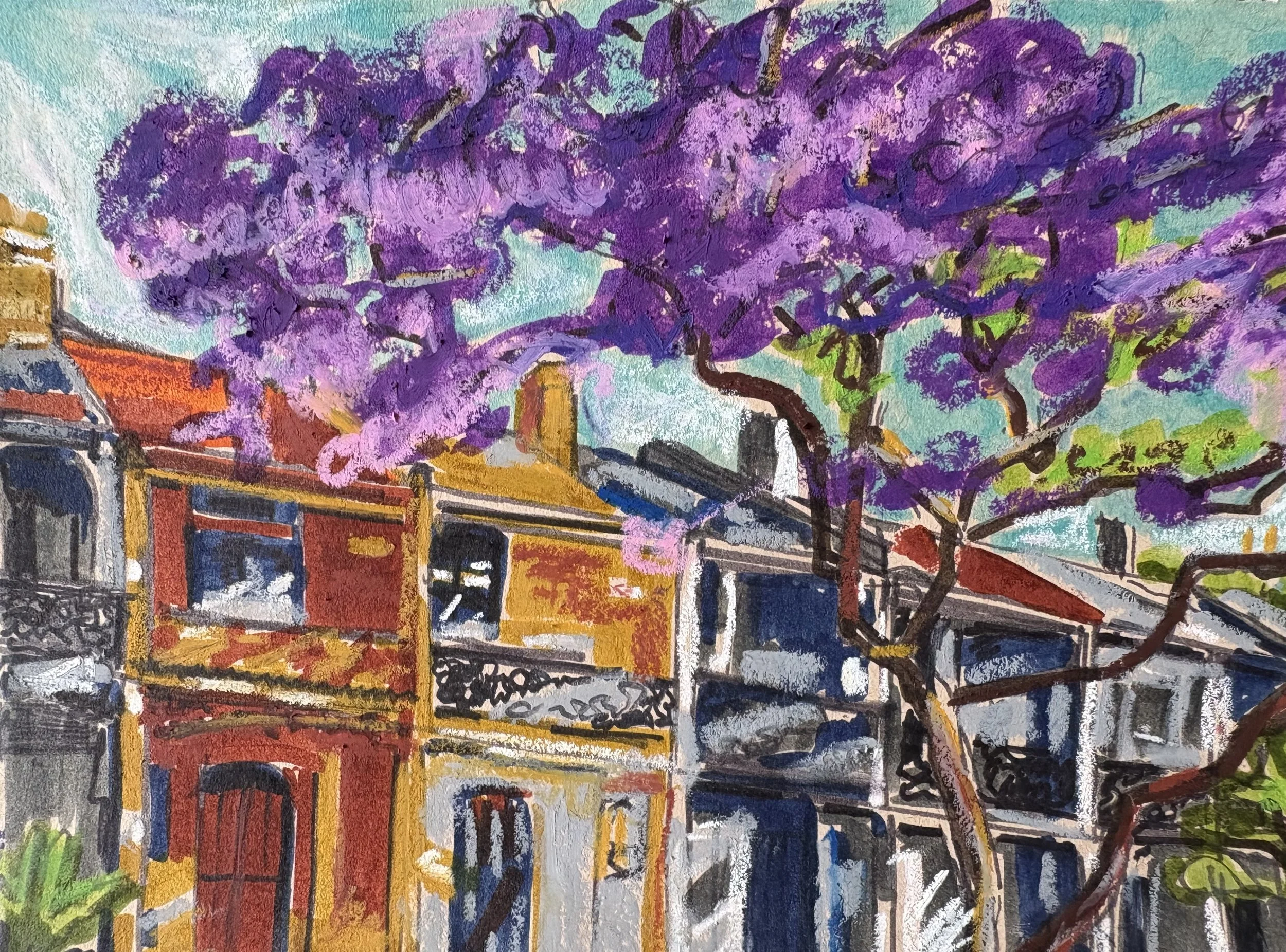 Painting of purple-flowered trees with colorful buildings and sky in the background.